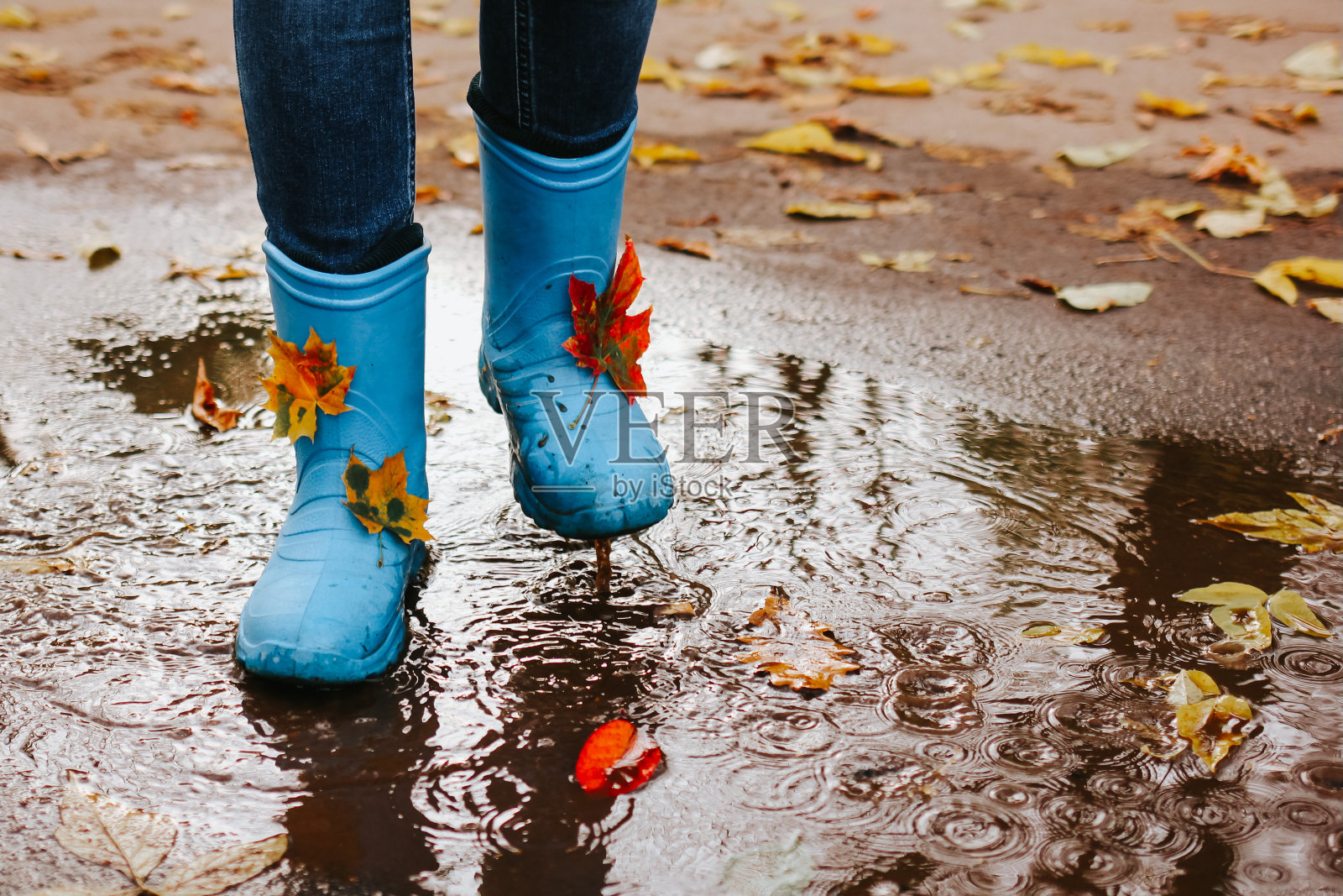 少女穿着蓝色雨靴跳进水坑在秋雨的一天。特写镜头。照片摄影图片