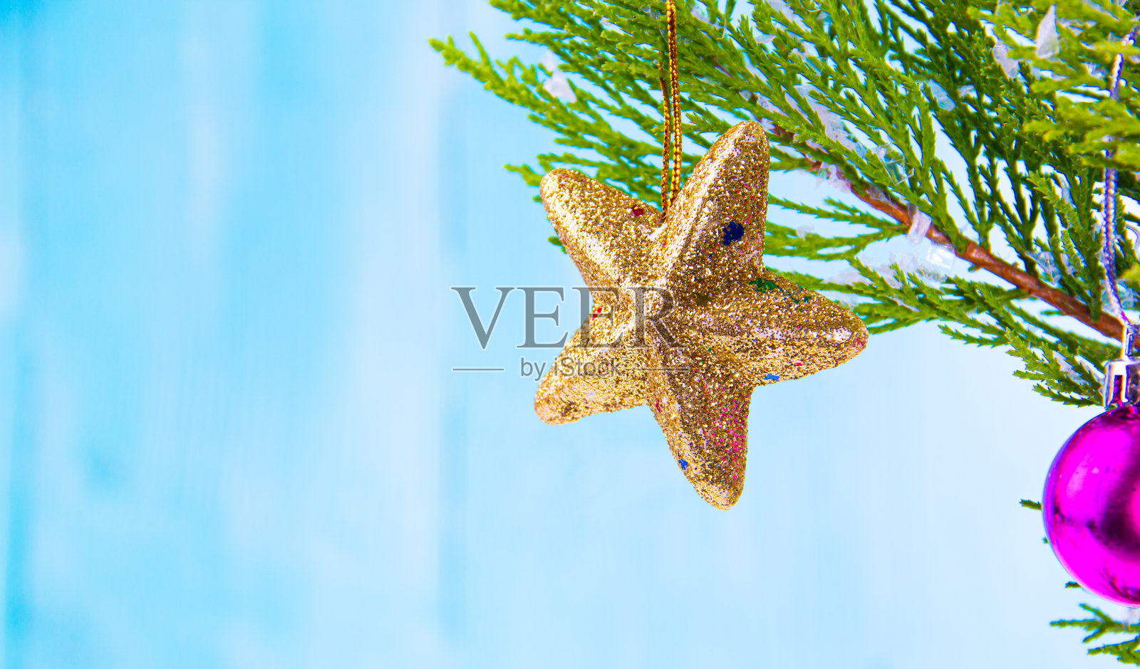 闪亮的金星圣诞装饰品挂在雪白的松树树枝上照片摄影图片