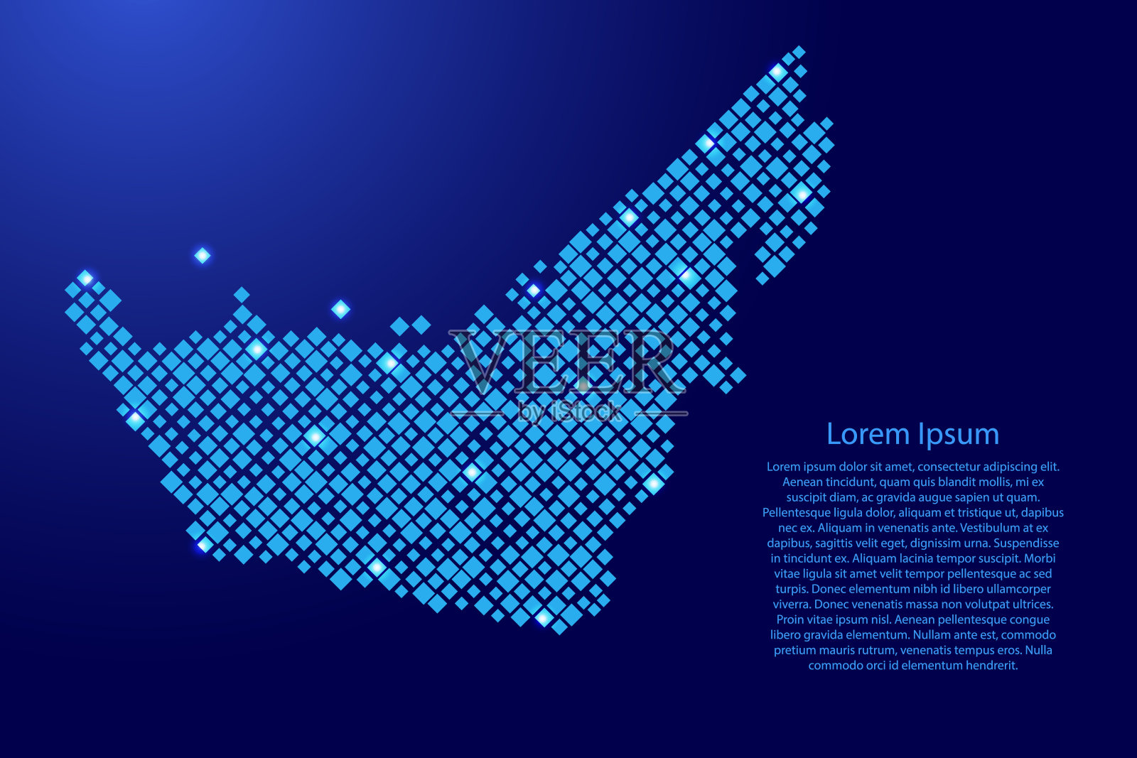 阿拉伯联合酋长国地图由不同大小的蓝色菱形图案和发光的太空恒星网格。矢量插图。插画图片素材