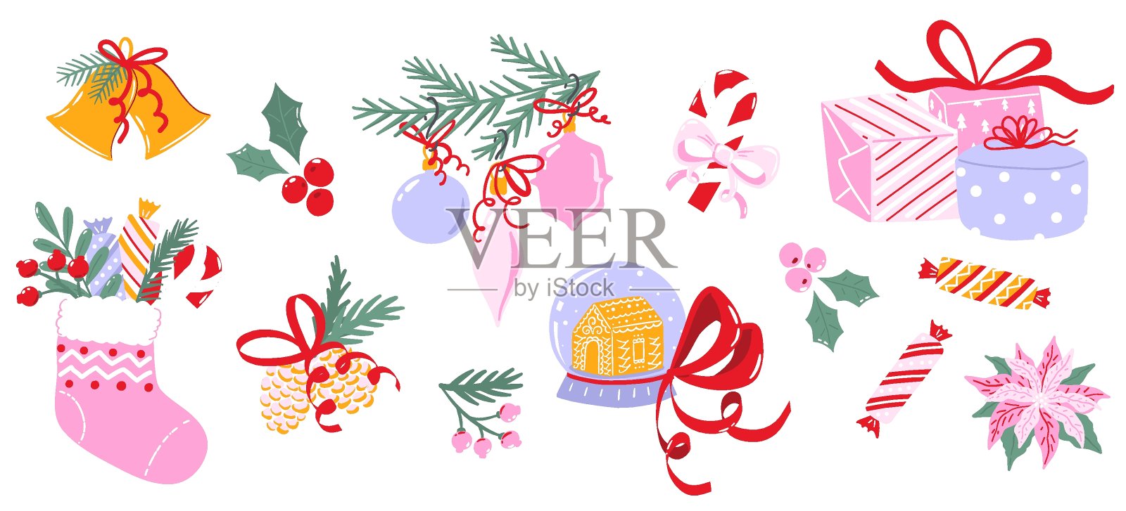 一套彩色的圣诞插图孤立在白色的背景。收集可爱的冬季贴纸。节日主题艺术的贺卡设计插画图片素材