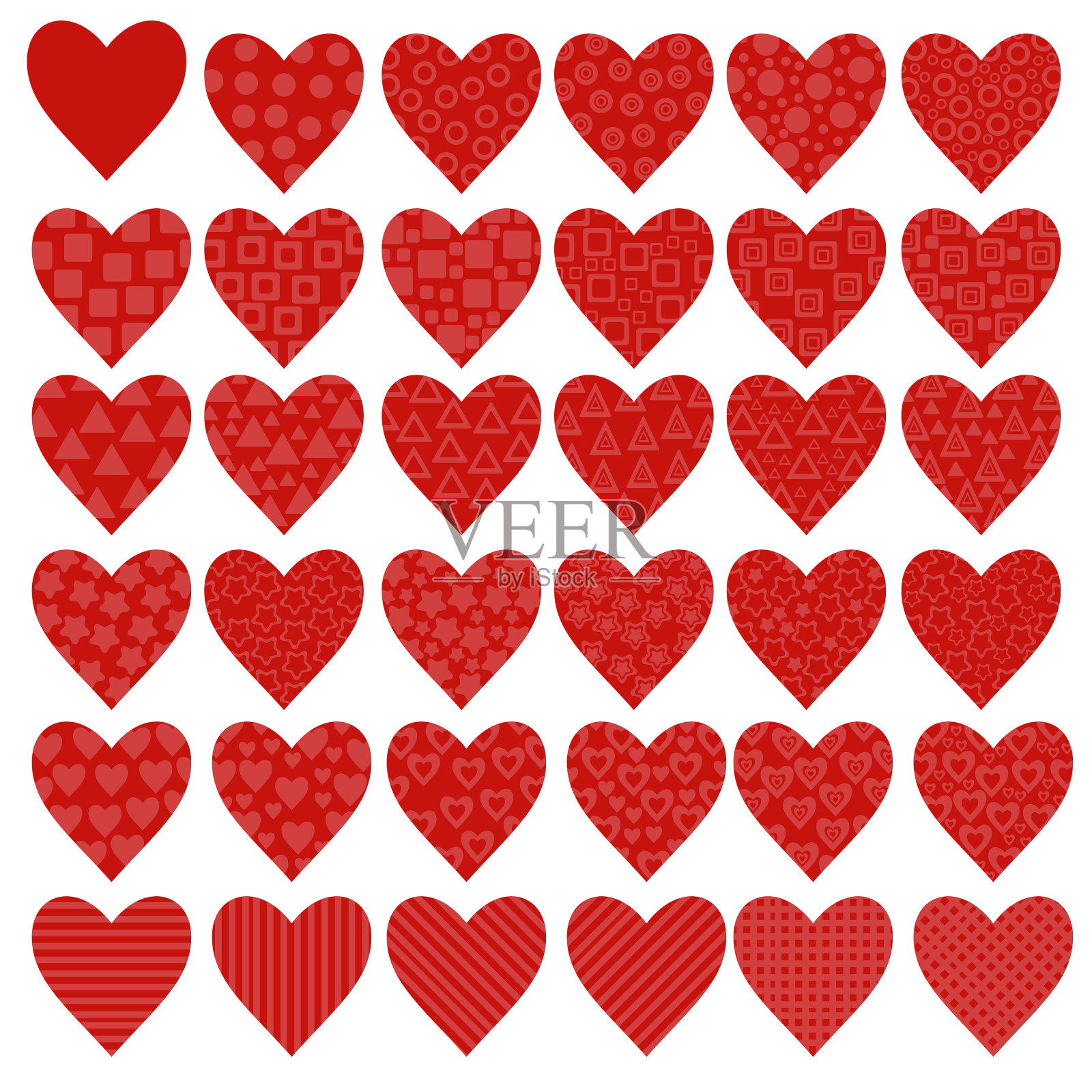 一套亮红色的心形图案,有圆形、正方形、三角形、星星、心形和条纹。各式各样的情人节卡片插画图片素材