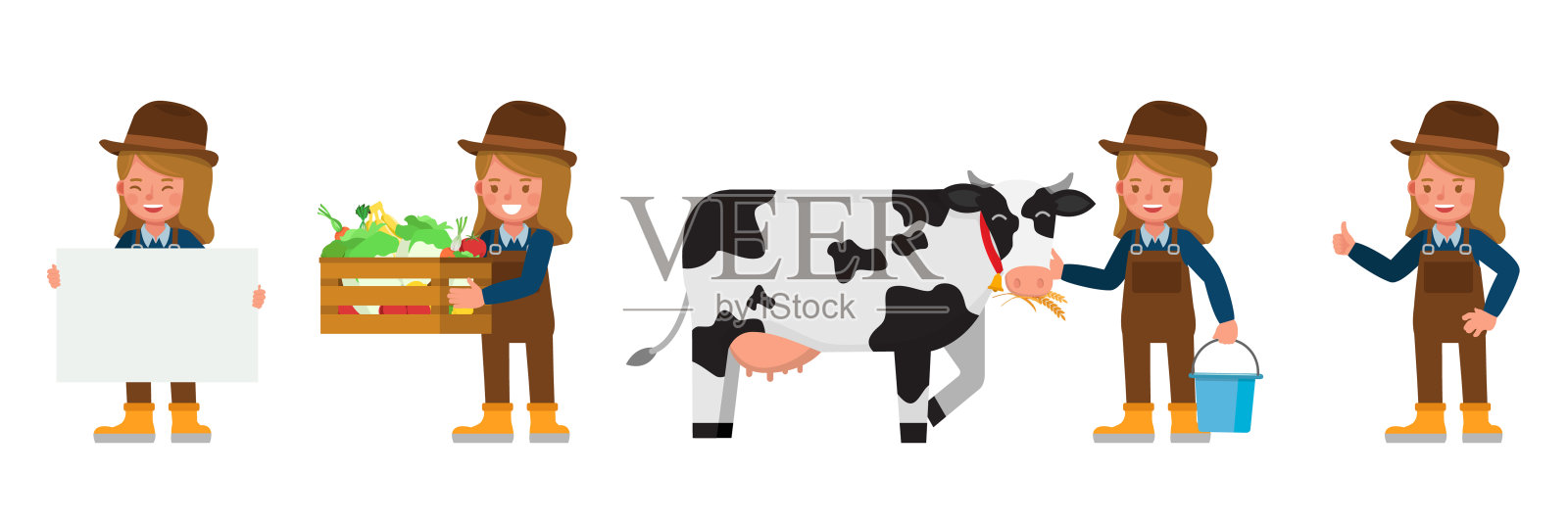 农民女孩儿童角色矢量设计。表现在各种带有情感的动作中。插画图片素材