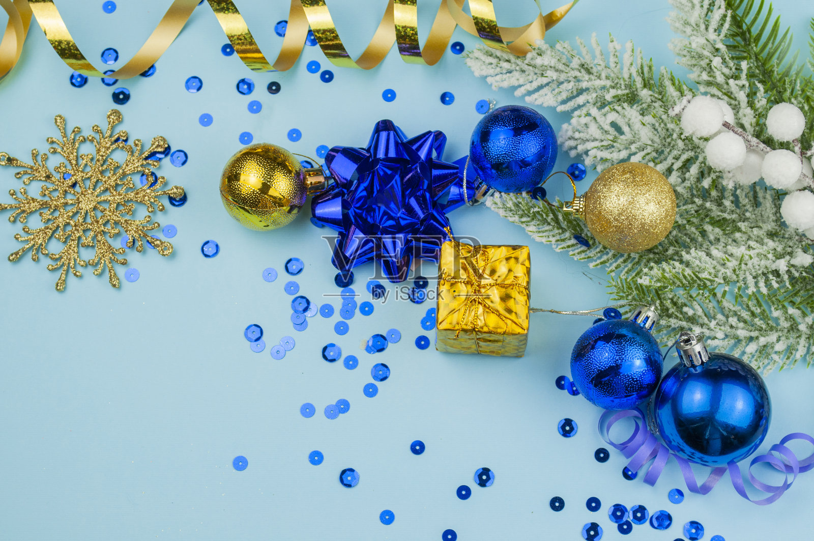 用蓝色和金色装饰的圣诞横幅照片摄影图片