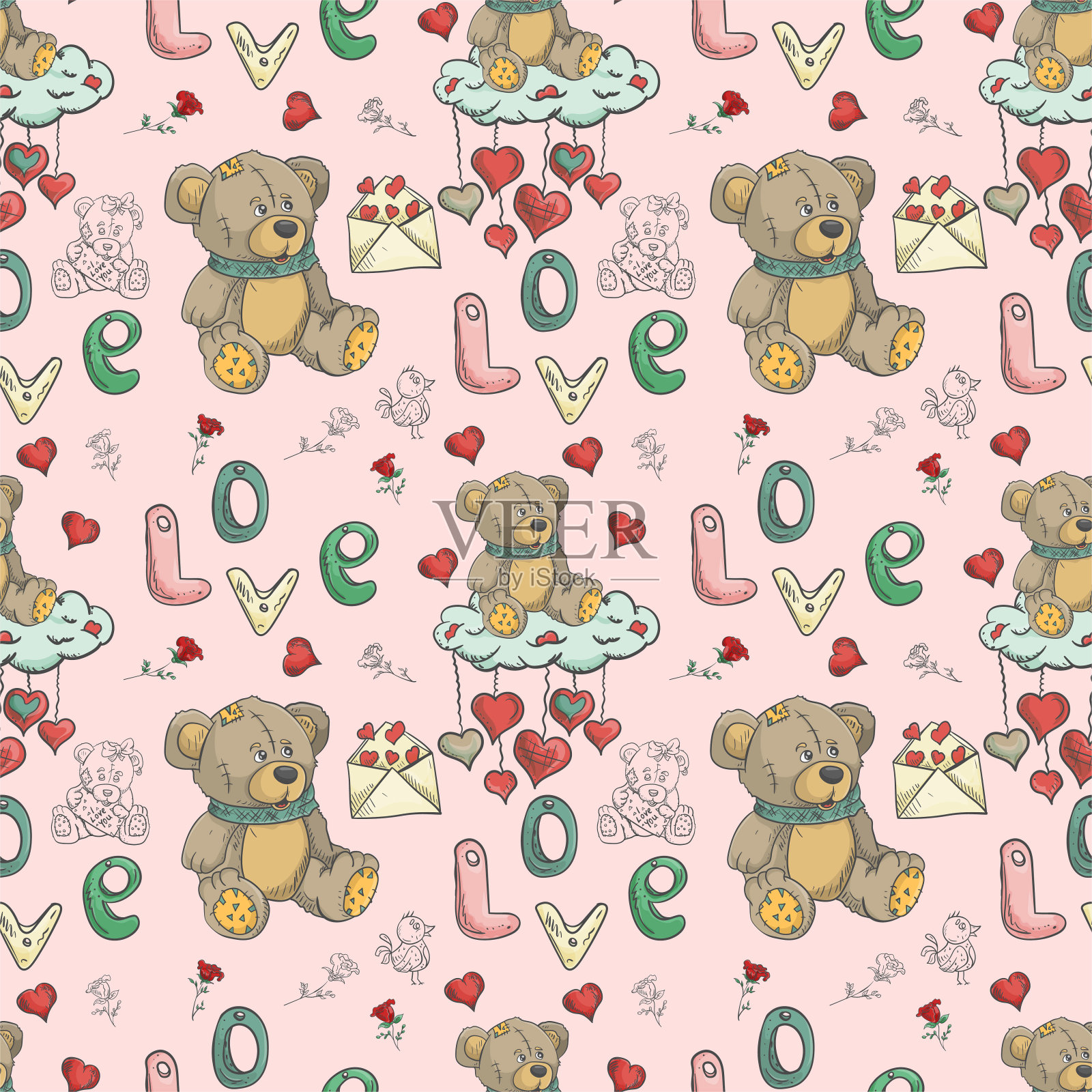 无缝插画的主题的爱和情人节从颜色和轮廓图纸的泰迪熊在一朵花和心形字母的爱的云插画图片素材