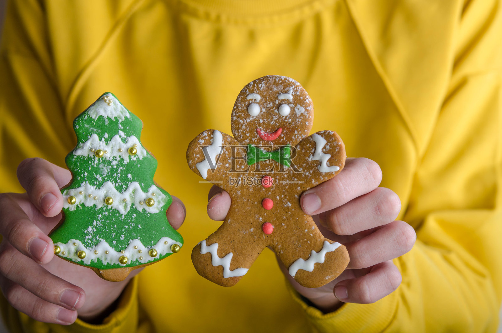 姜饼人和姜饼树在一个男孩的手中照片摄影图片