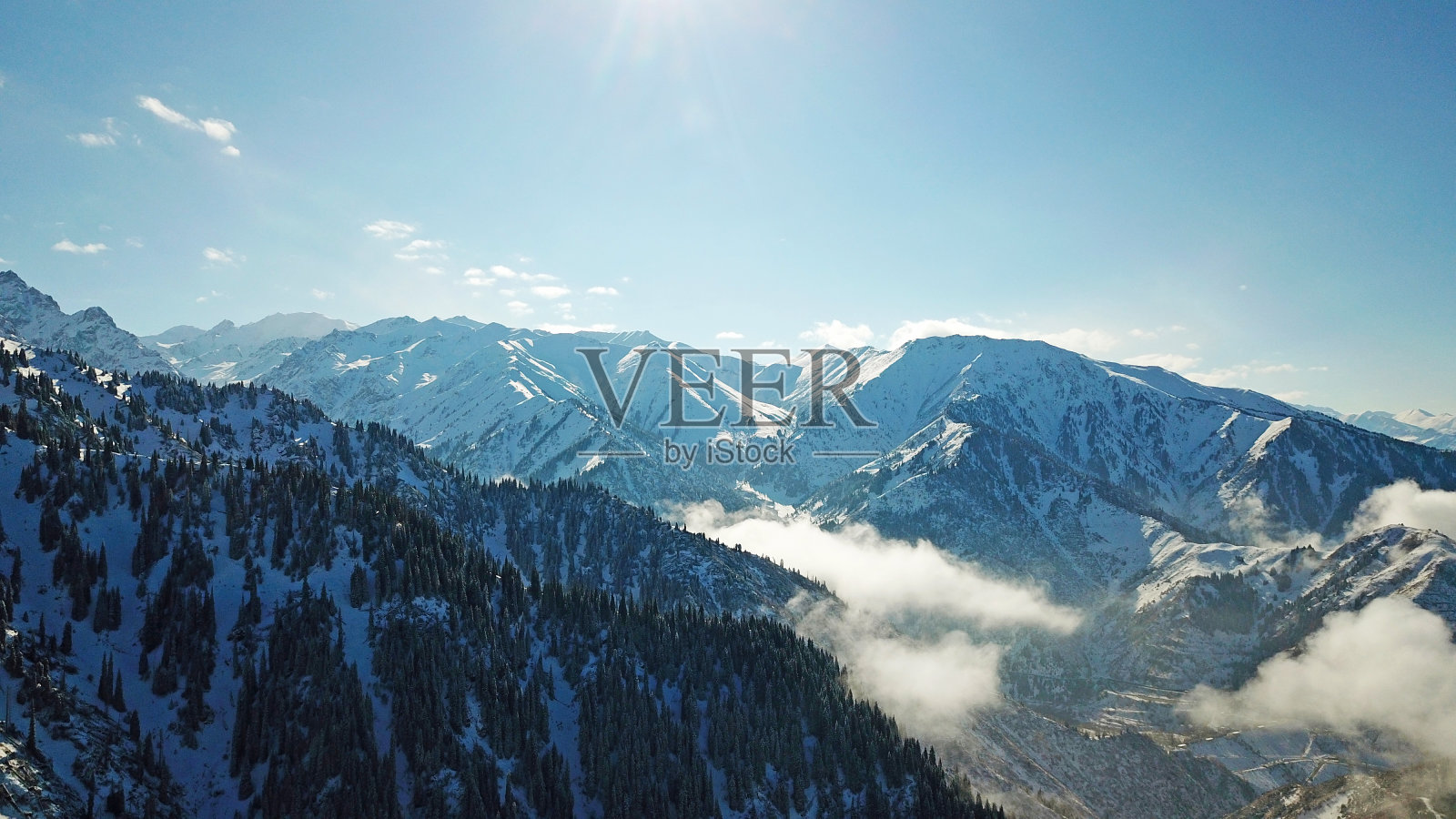 雪林在山上,云朵在上面照片摄影图片