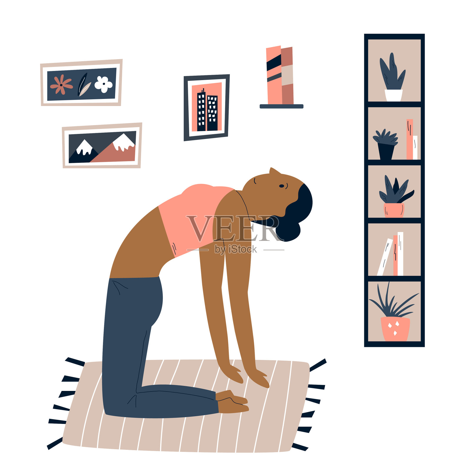 年轻漂亮的女孩在家里做瑜伽插画图片素材