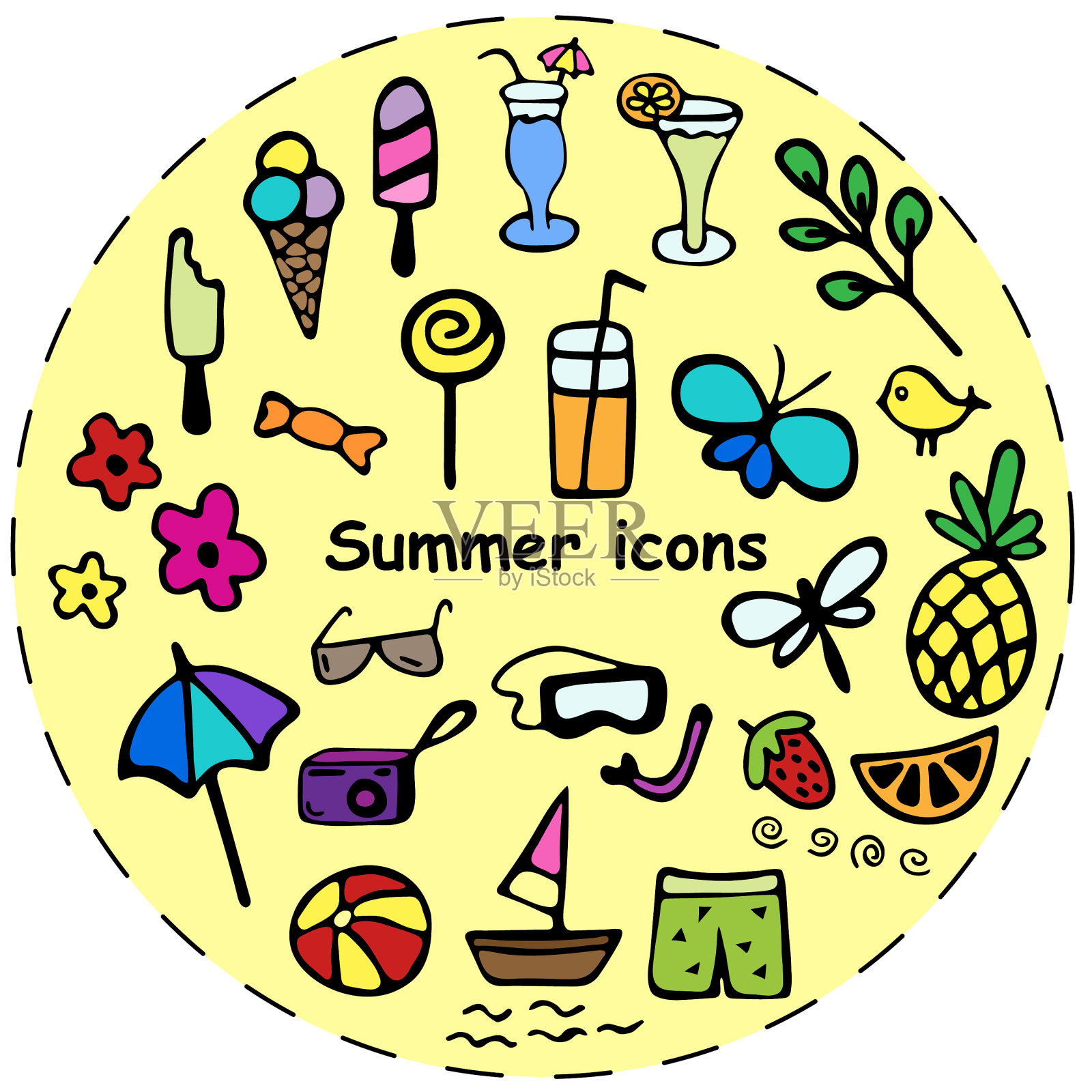 夏季主题上的彩色图标图标素材