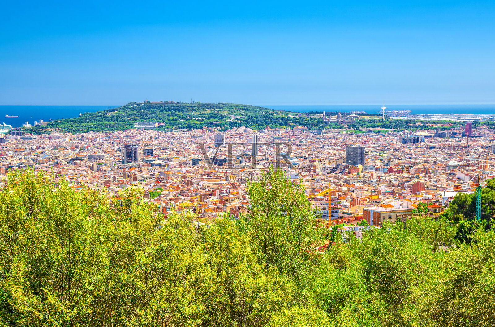 航拍巴塞罗那城市历史街区全景,蒙朱c山,地中海照片摄影图片