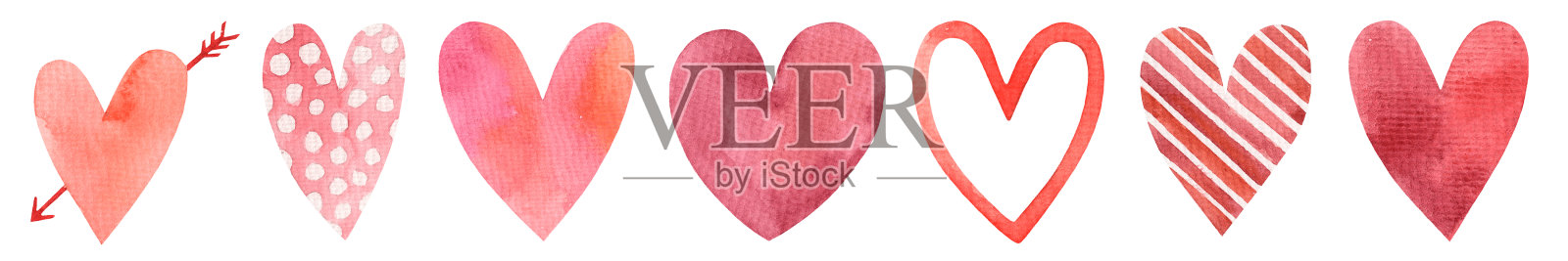 收集水彩手绘心孤立的白色背景。情人节,婚礼,母亲节。插画图片素材