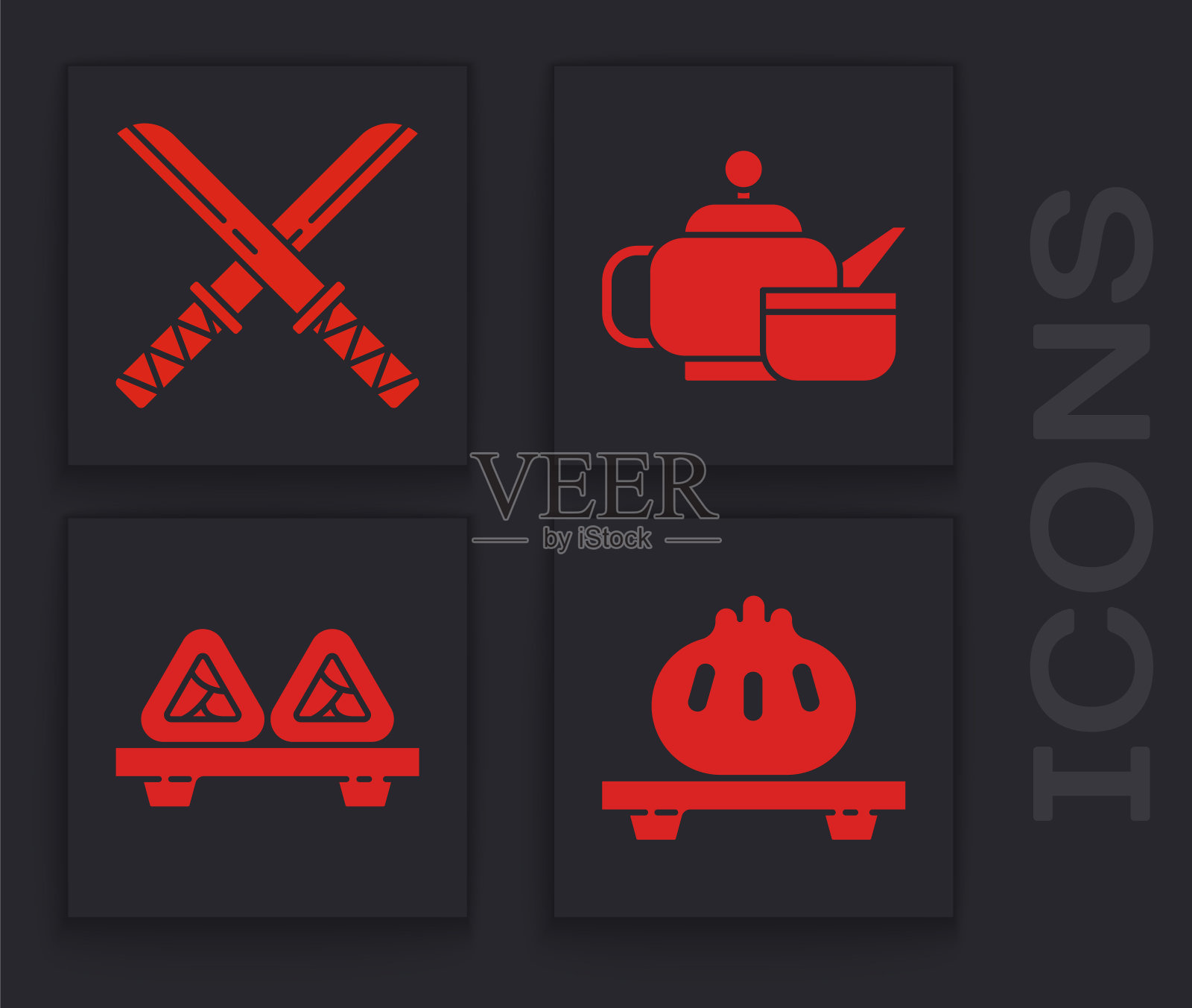 将饺子放在砧板上,传统日本武士刀,日本茶道和寿司放在砧板上。向量图标素材