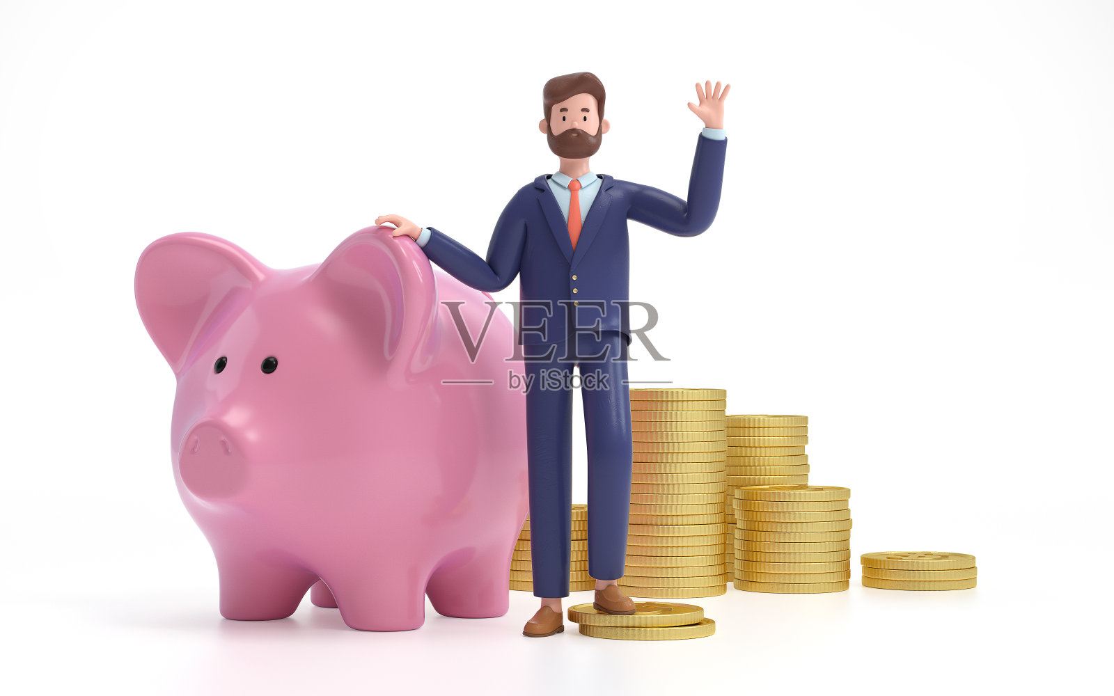 卡通人物坐在储蓄罐上。照片摄影图片