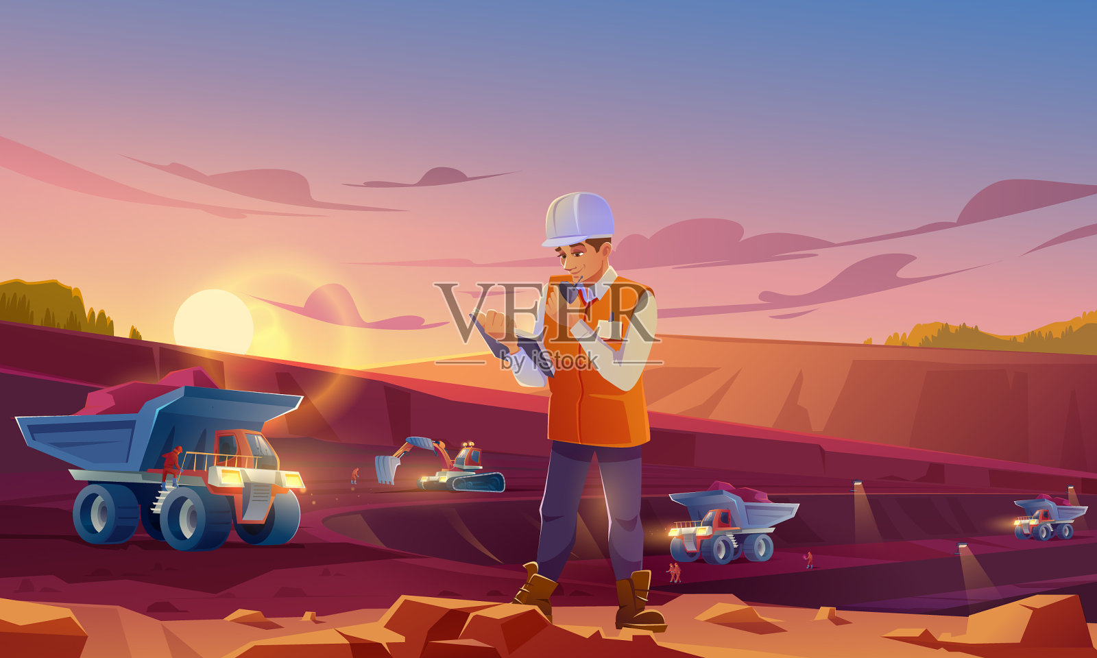 戴头盔的人在采石场工作插画图片素材