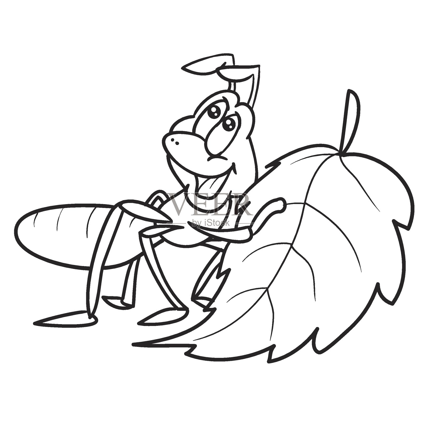 蚂蚁携带树叶的草图,彩色页面,卡通插图,白色背景上的孤立物体,矢量,插画图片素材