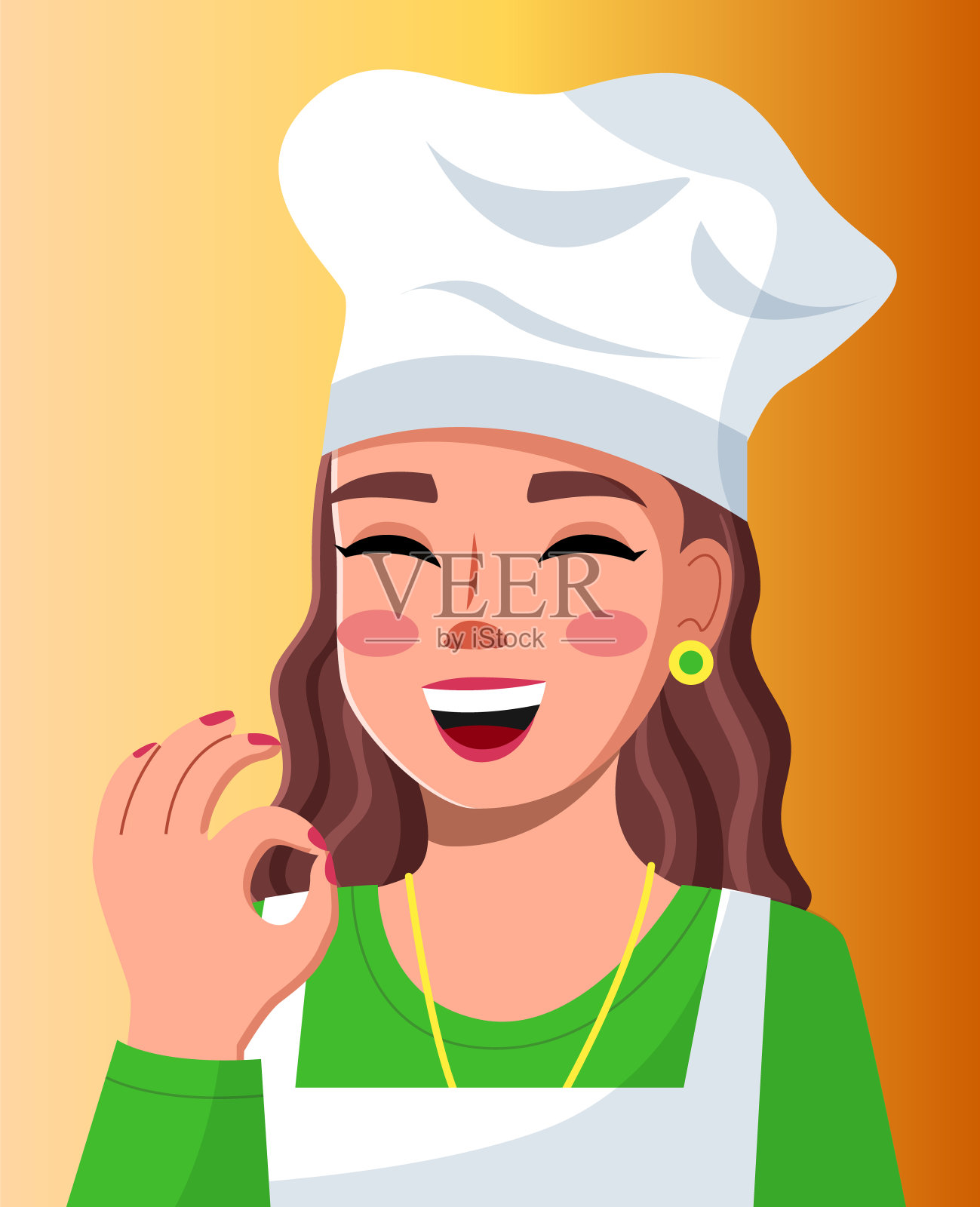 女厨师表现不错,特写。博客厨师做烹饪大师班。平的矢量图插画图片素材