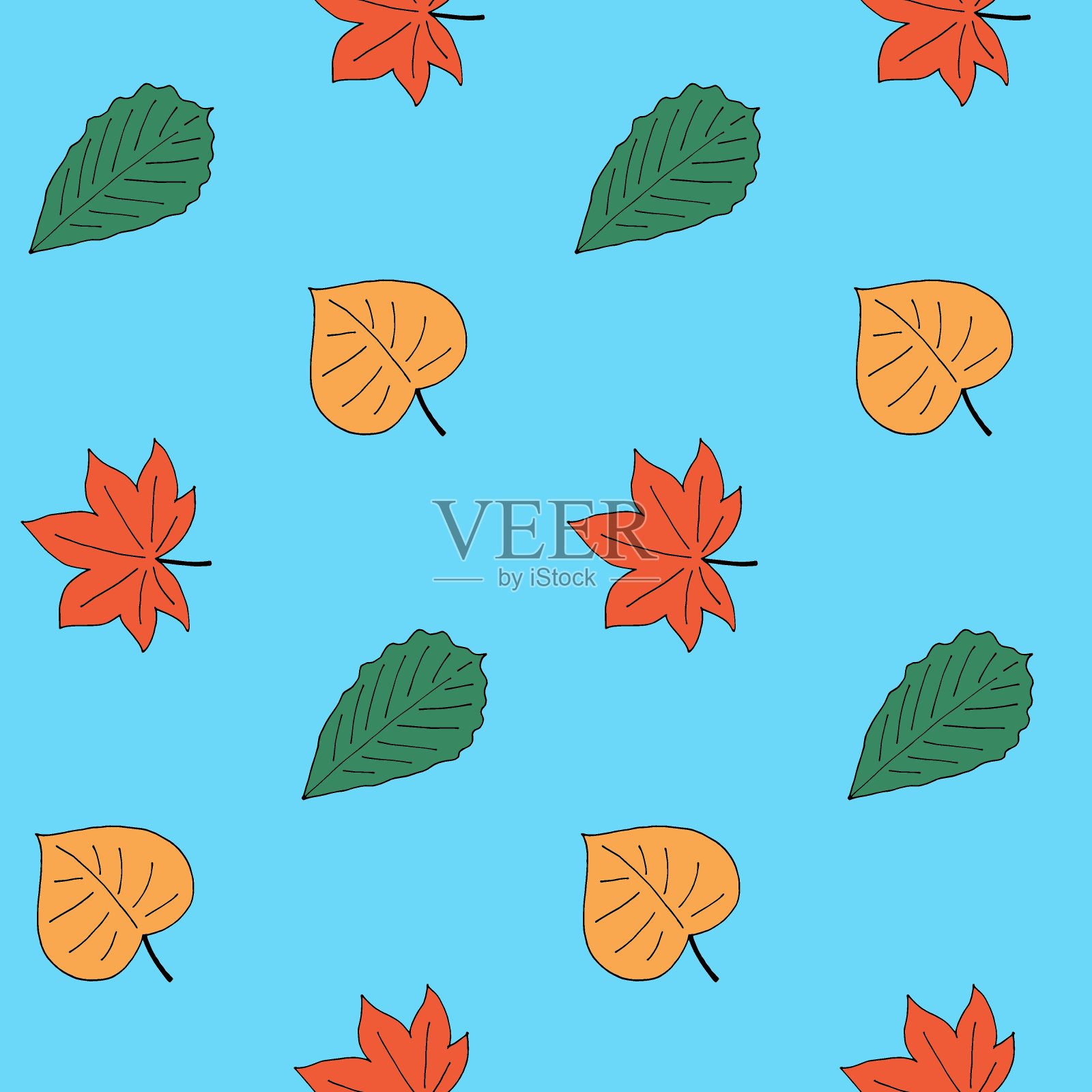 秋季风格无缝图案与不同的叶子。桦树、枫树和橡树。黄色,绿色和橙色。秋季卡片,印刷织物,墙纸,纺织品,礼品包装和衣服。没完没了的设计插画图片素材