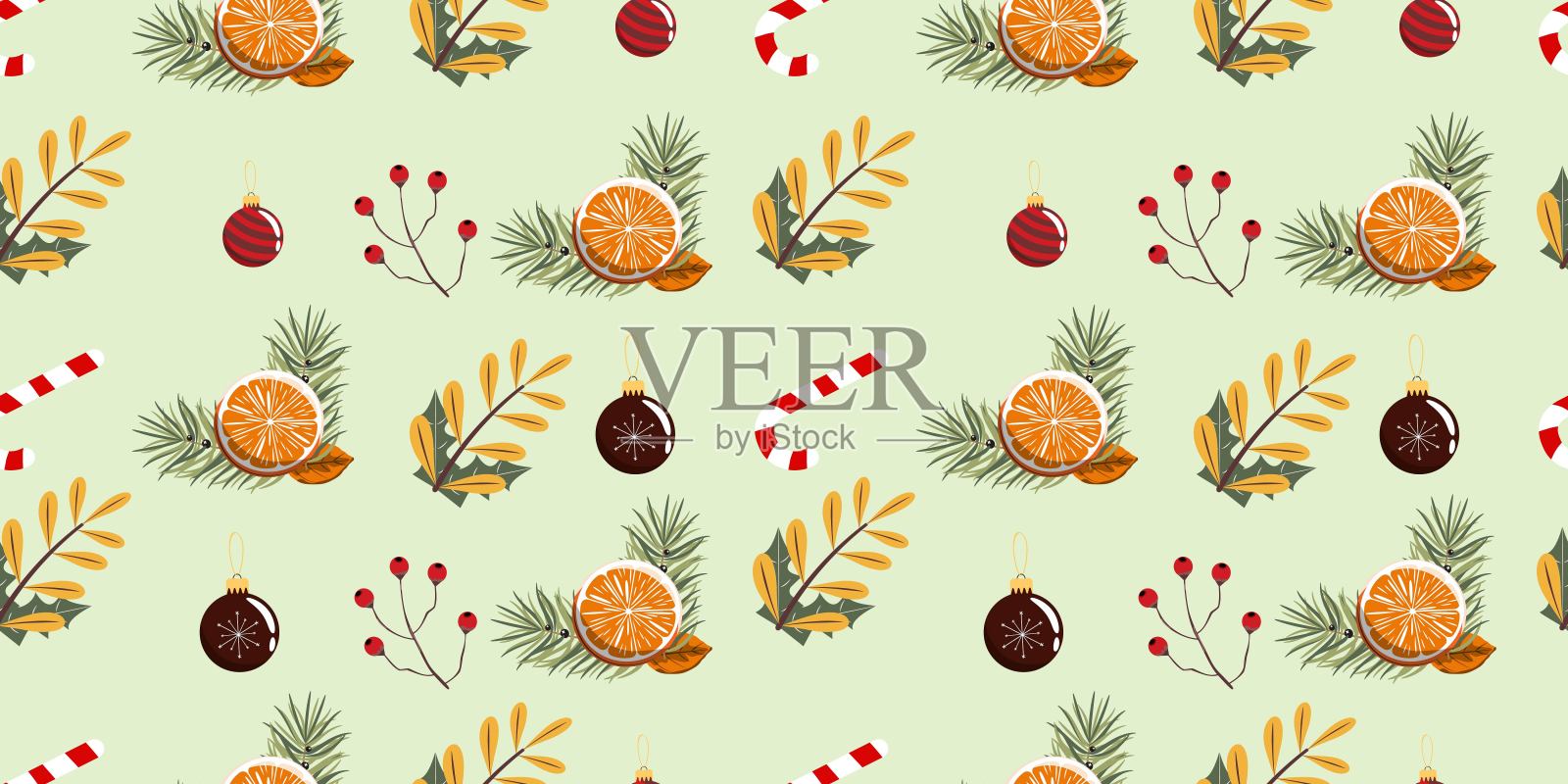 可爱的冬季无缝图案与橙子和松树枝。插画图片素材