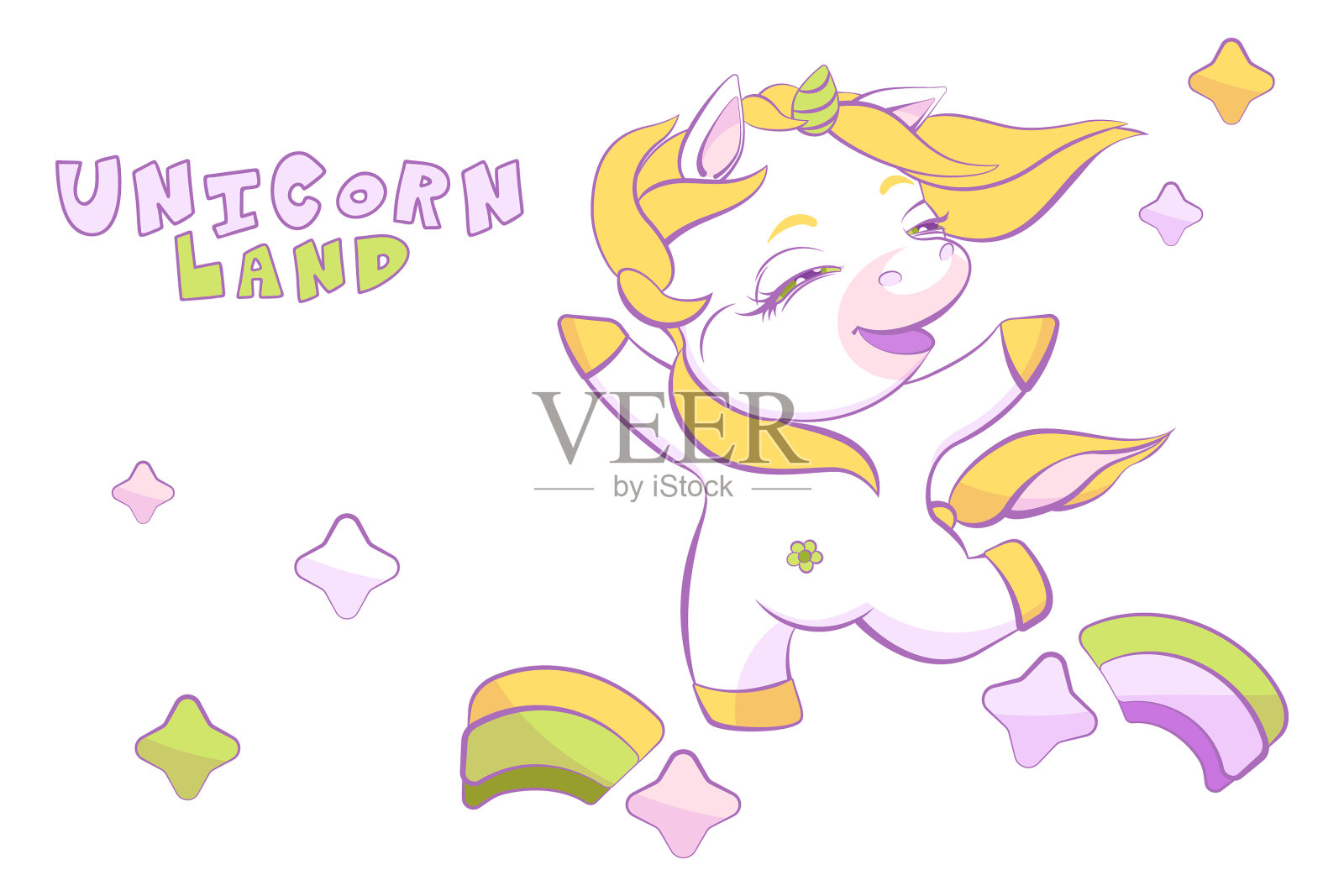 可爱的小白独角兽正在蹦蹦跳跳插画图片素材