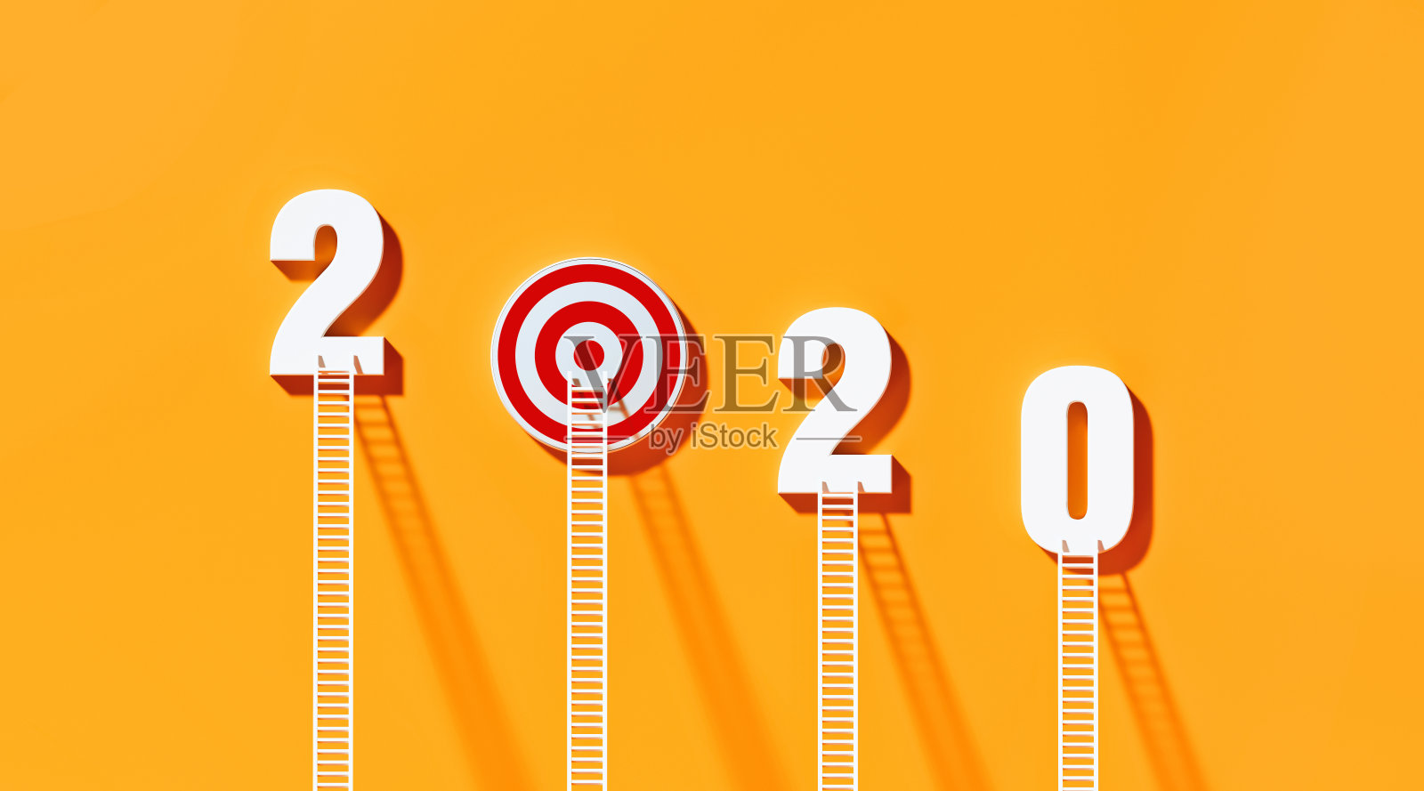 白色梯子倚在黄色墙上的2020目标上照片摄影图片