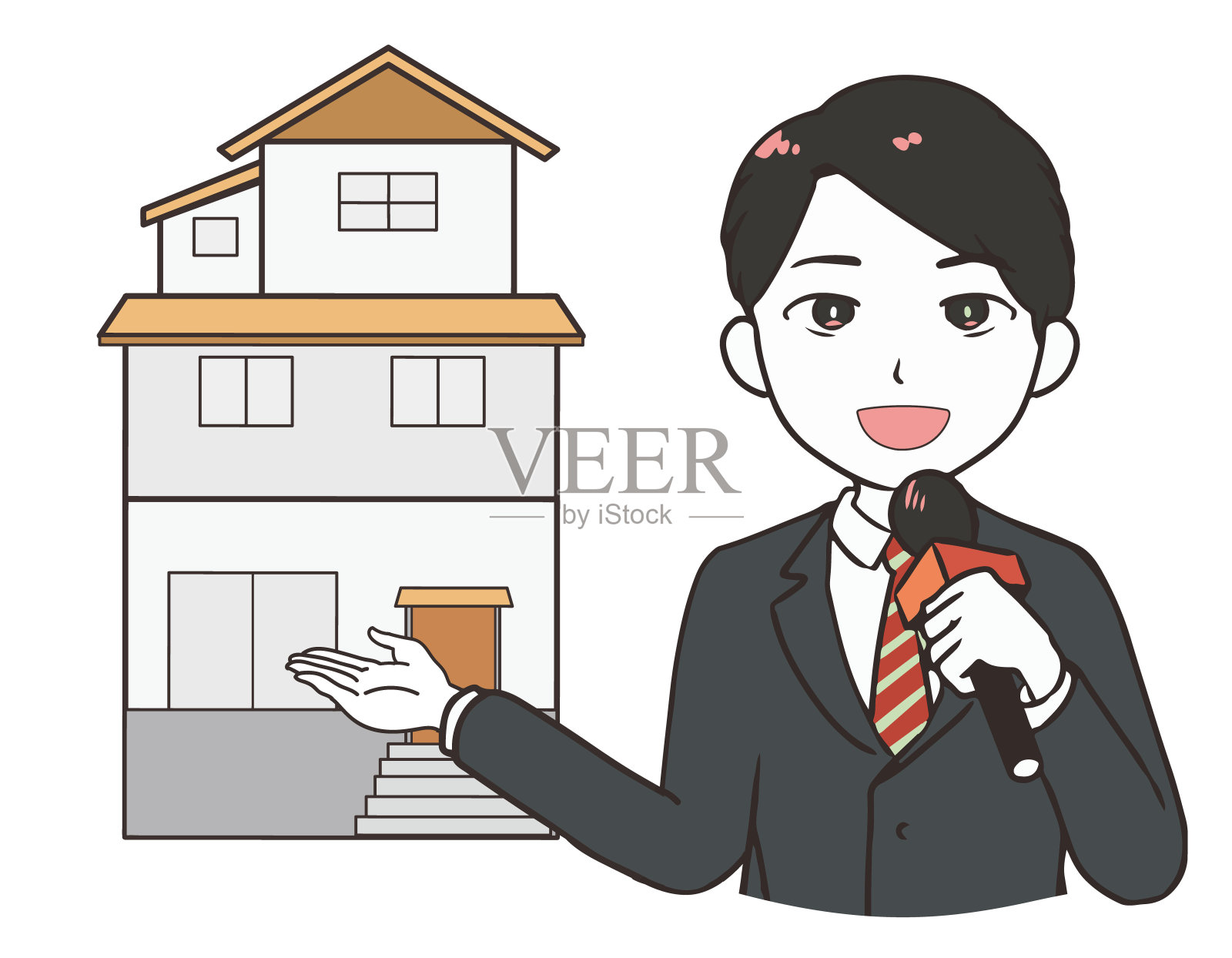 记者男介绍一幢三层楼的大楼插画图片素材