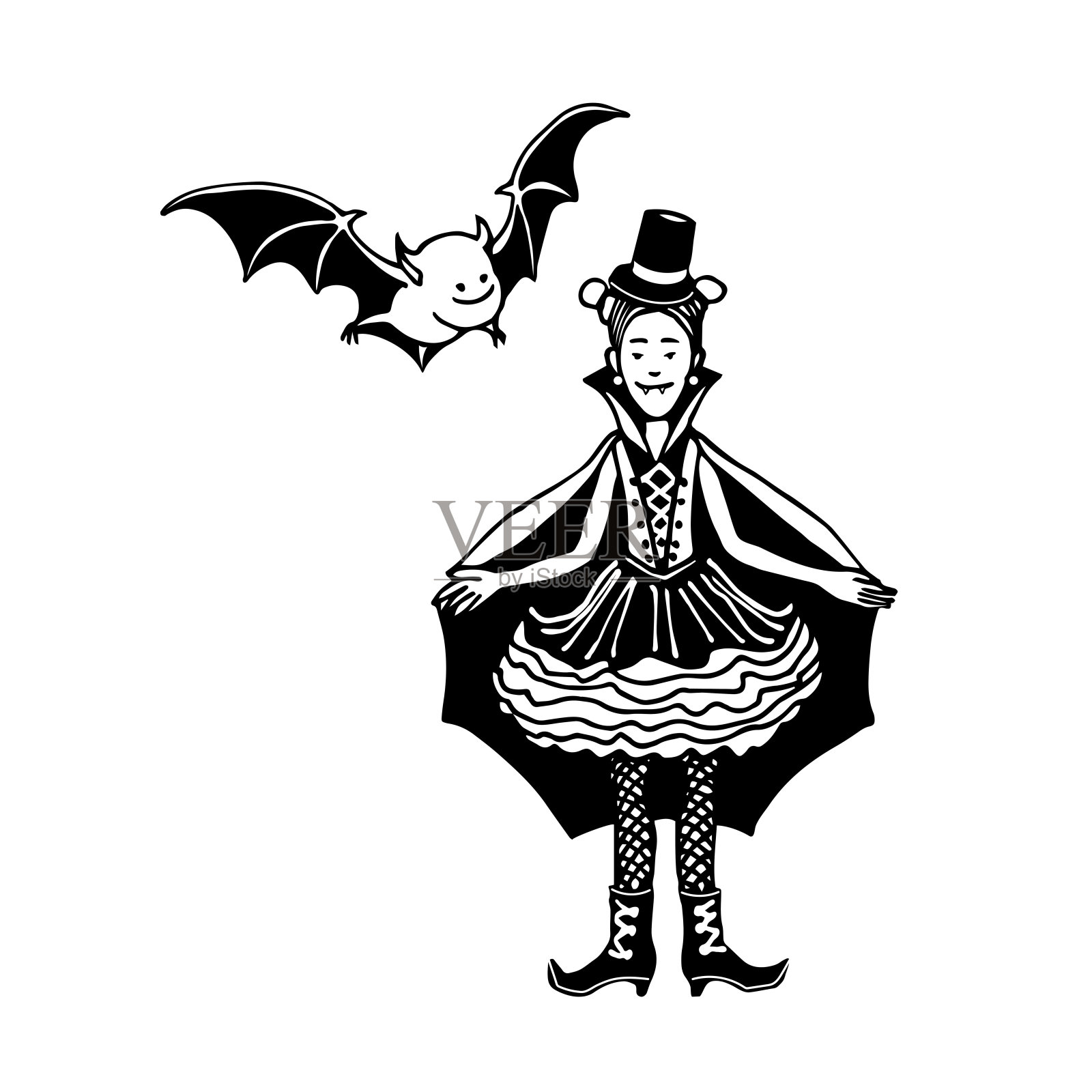 年轻微笑的女孩在万圣节化妆舞会上穿着吸血鬼服装和小蝙蝠插画图片素材