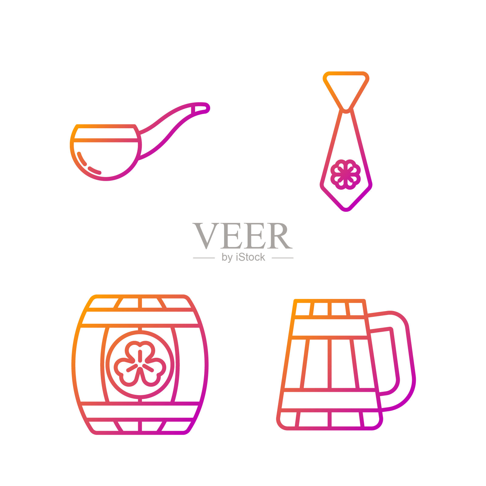 木杯,木桶四叶三叶草,烟斗和四叶三叶草领带。渐变颜色图标。向量插画图片素材