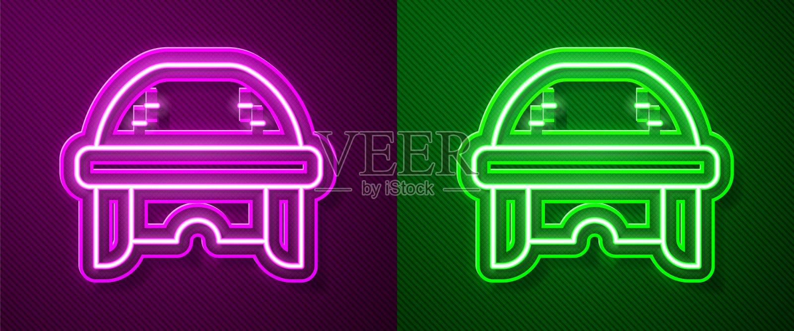 紫色和绿色背景上的发光霓虹曲棍球头盔矢量图标插画图片素材