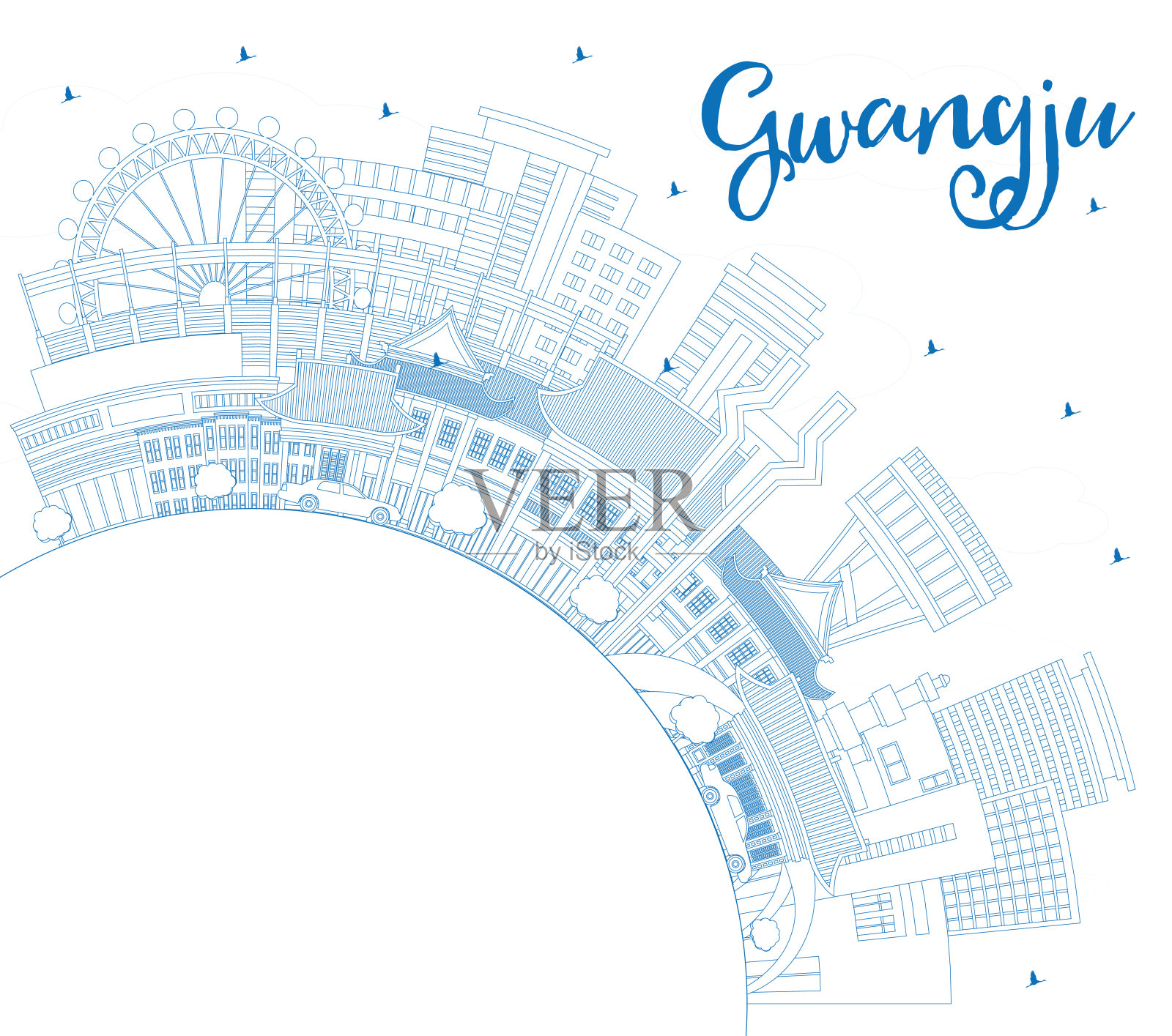 勾勒韩国光州城市天际线与蓝色建筑和复制空间。插画图片素材