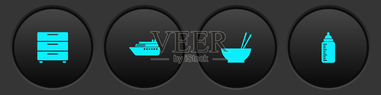 设置家具床头柜,船,碗与筷子和婴儿瓶图标。向量图标素材