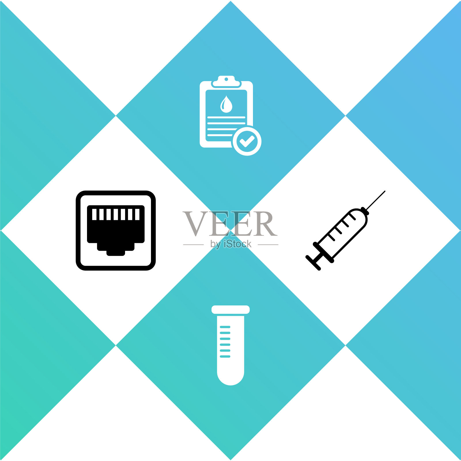 设置网口电缆插座,试管烧瓶,带血检的剪贴板和注射器图标。向量插画图片素材