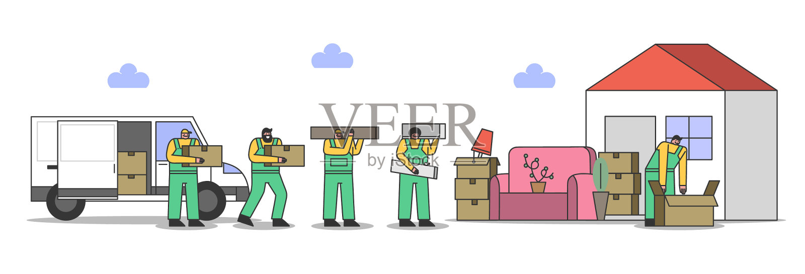 用装载机搬运箱子的搬家过程插画图片素材