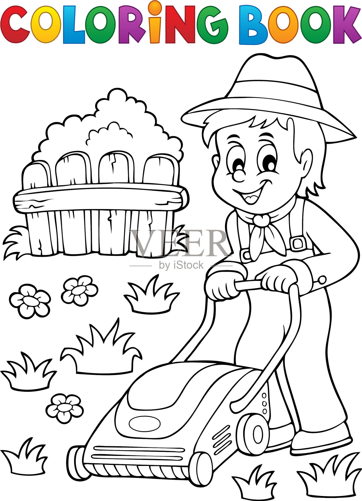 用割草机涂色的园丁插画图片素材