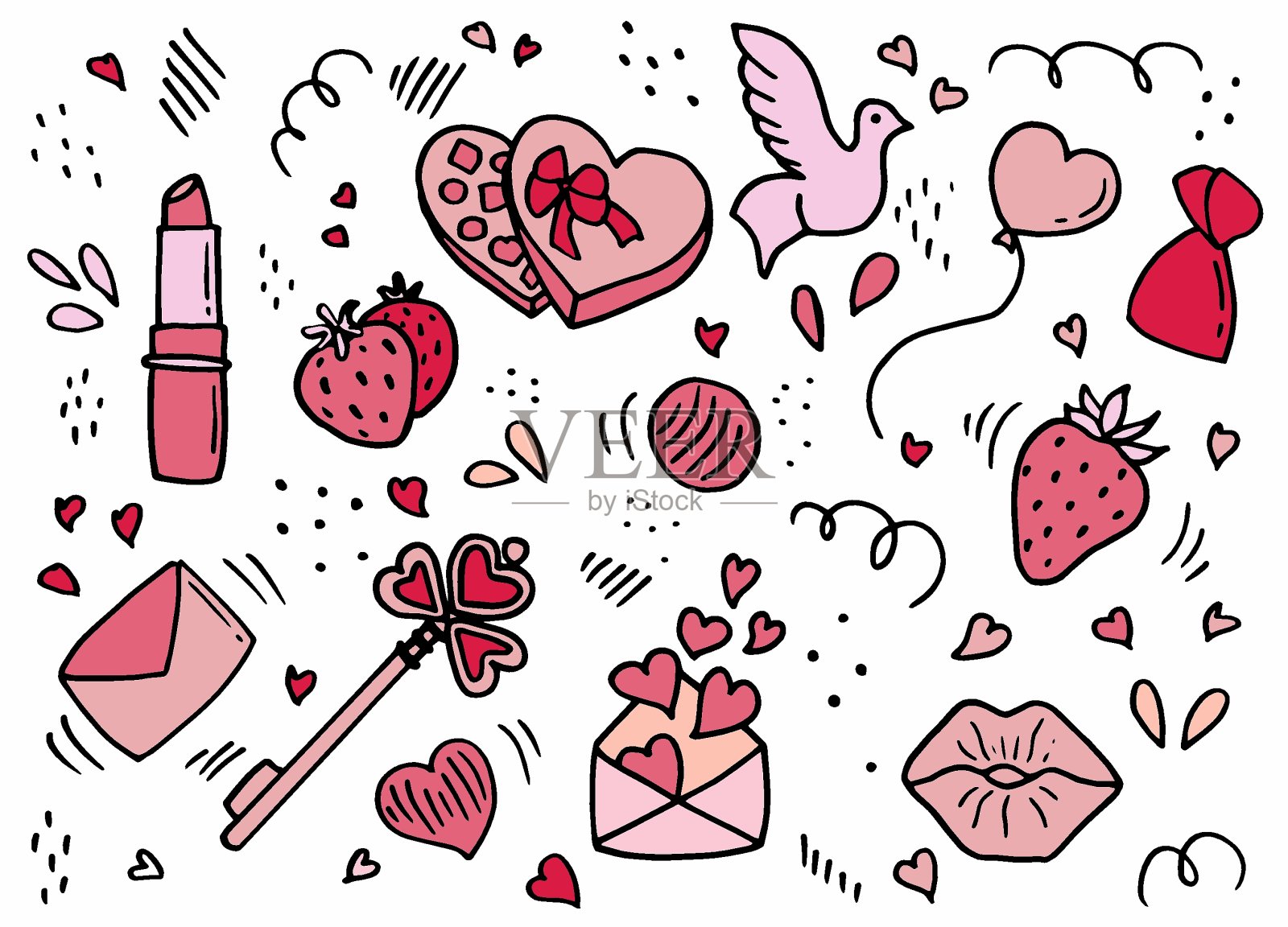情人节套装。涂鸦风格。白色背景,隔离。股票插图。插画图片素材