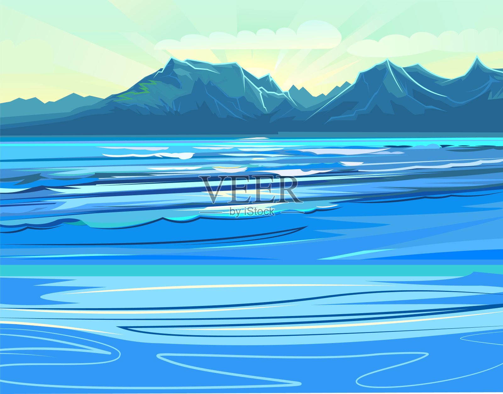 海浪。平面插画风格。在地平线上有一个多岩石的海岸和山脉。冲浪。卡通。向量,插画图片素材