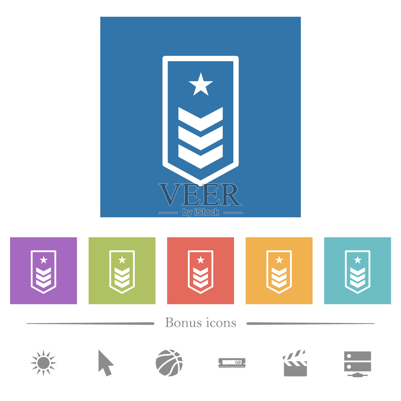 军事徽章,在方形背景下有三个v形纹章和一个星形扁平白色图标图标素材