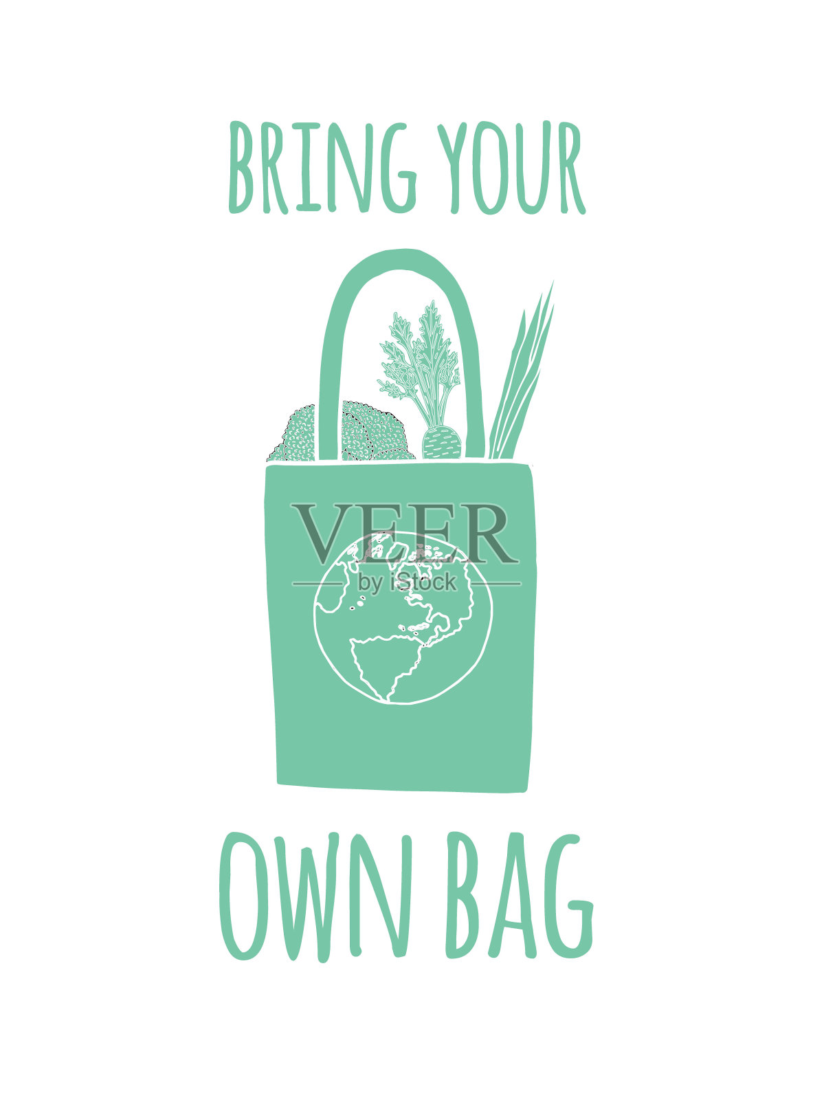 矢量手绘涂鸦素描薄荷绿色生态零废物袋蔬菜和带自己的包装袋字母插画图片素材