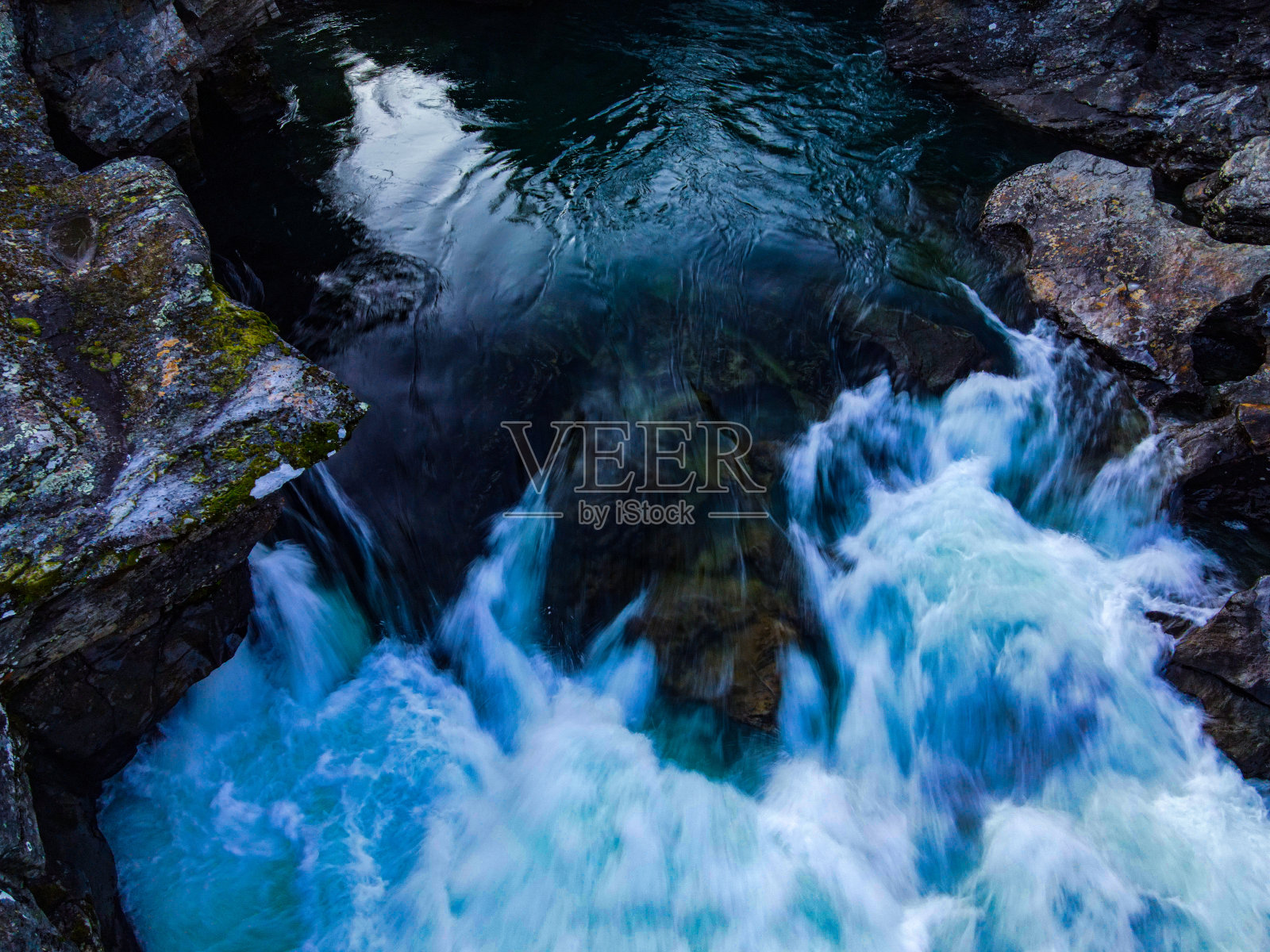 挪威国家公园里巨大而快速的水流落下。动态模糊。照片摄影图片