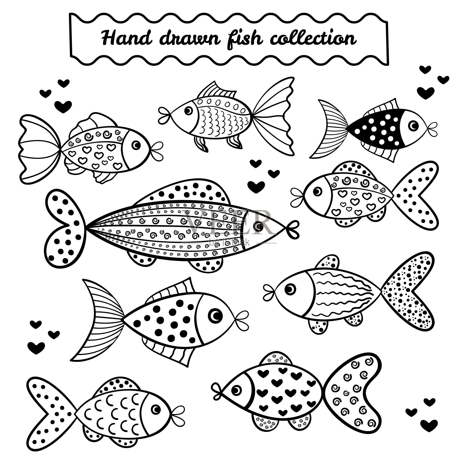 手绘鱼集是孤立的白色背景。插画图片素材