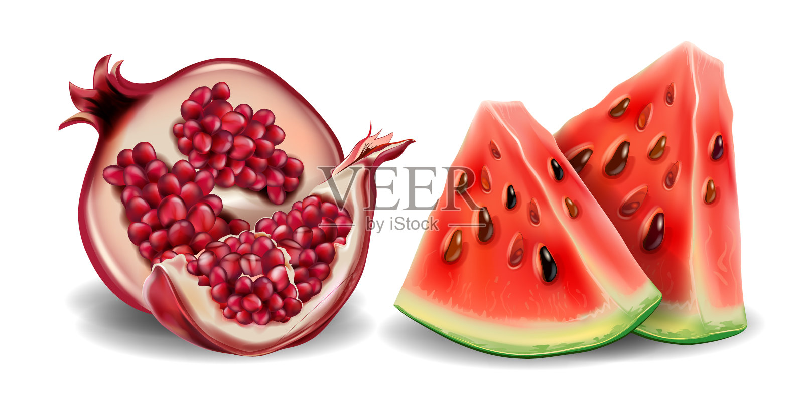 逼真的新鲜石榴石和西瓜在3d。多汁的水果和浆果孤立在白色的背景。逼真的水果果肉图标设置。矢量图插画图片素材