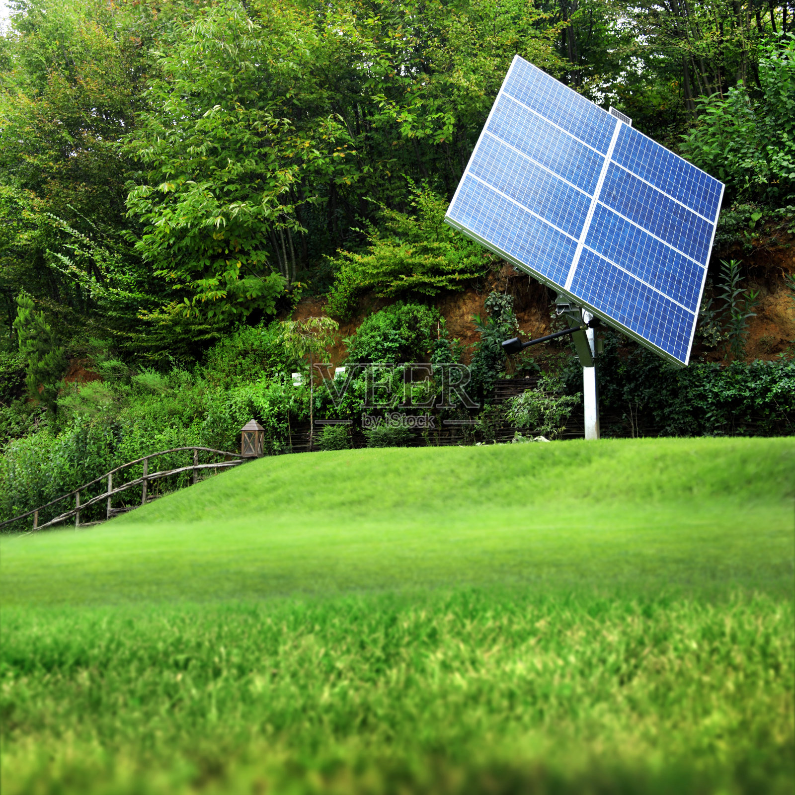 靠近花园中的太阳能板照片摄影图片