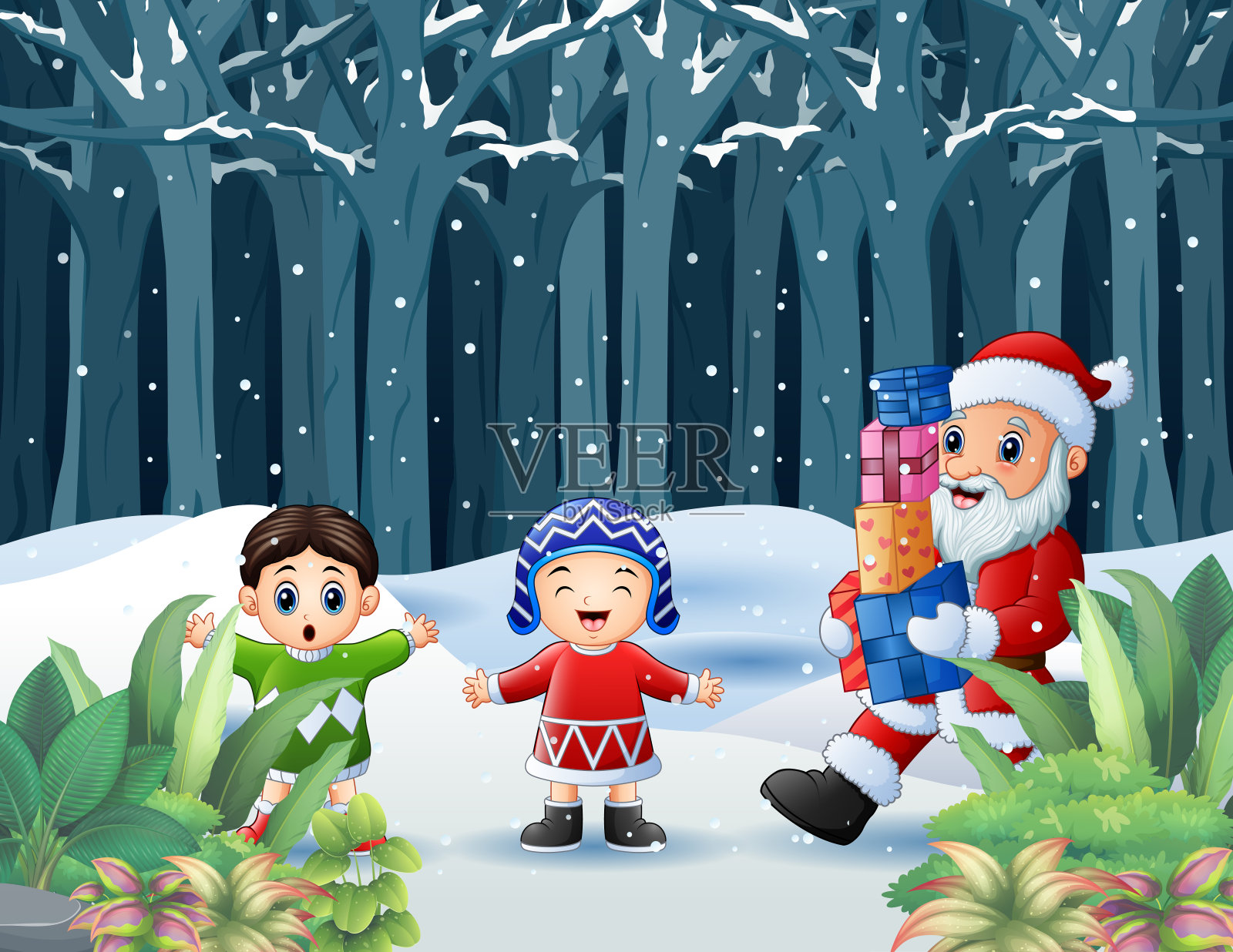 圣诞老人在白雪皑皑的森林里给孩子们送礼物插画图片素材