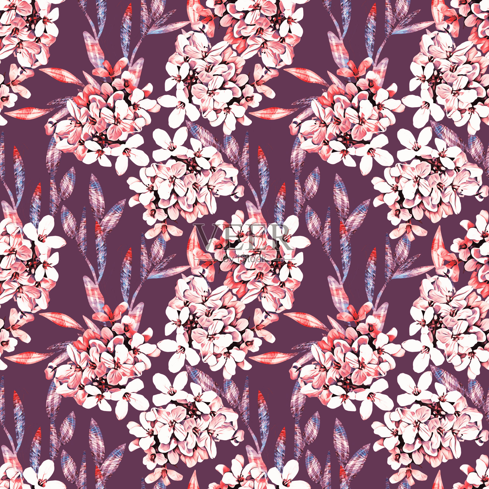 宇宙花与多彩的叶无缝图案。插画图片素材