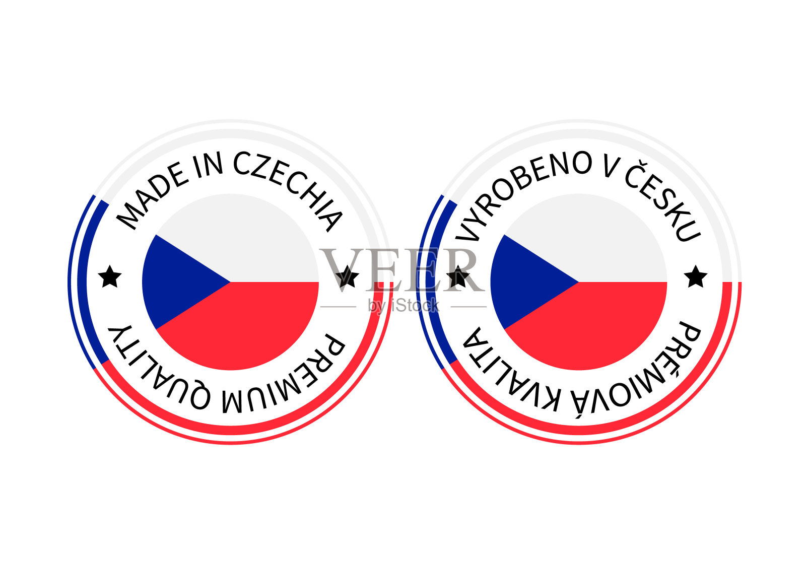 捷克共和国制造的英文和捷克语圆标签。质量标记矢量图标。适用于商标设计、标签、徽章、贴纸、徽章、产品包装等插画图片素材