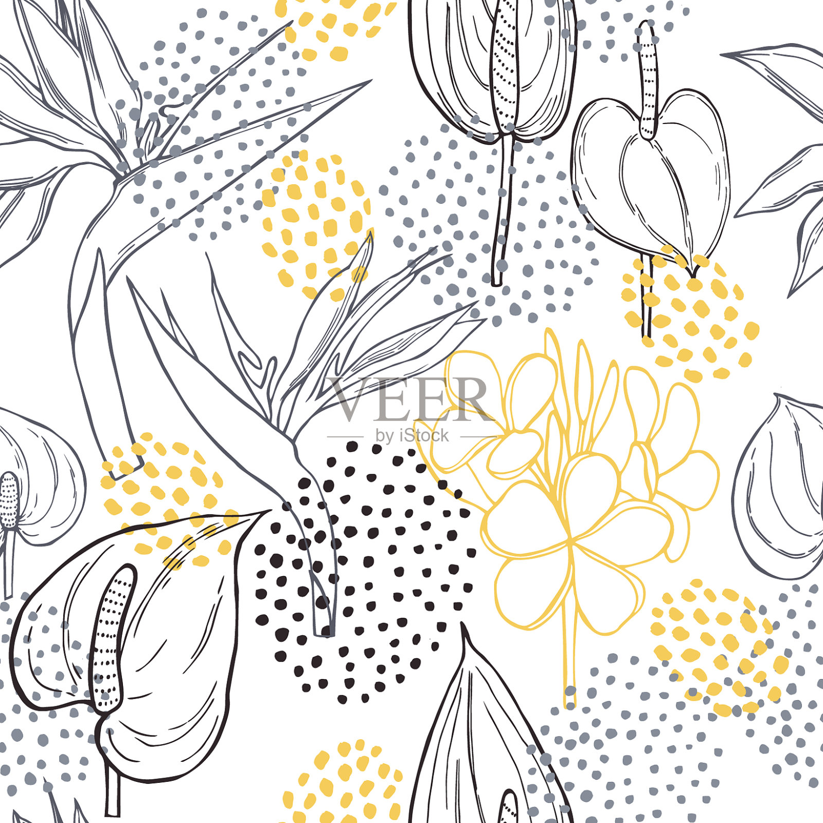 手绘热带花卉无缝图案插画图片素材