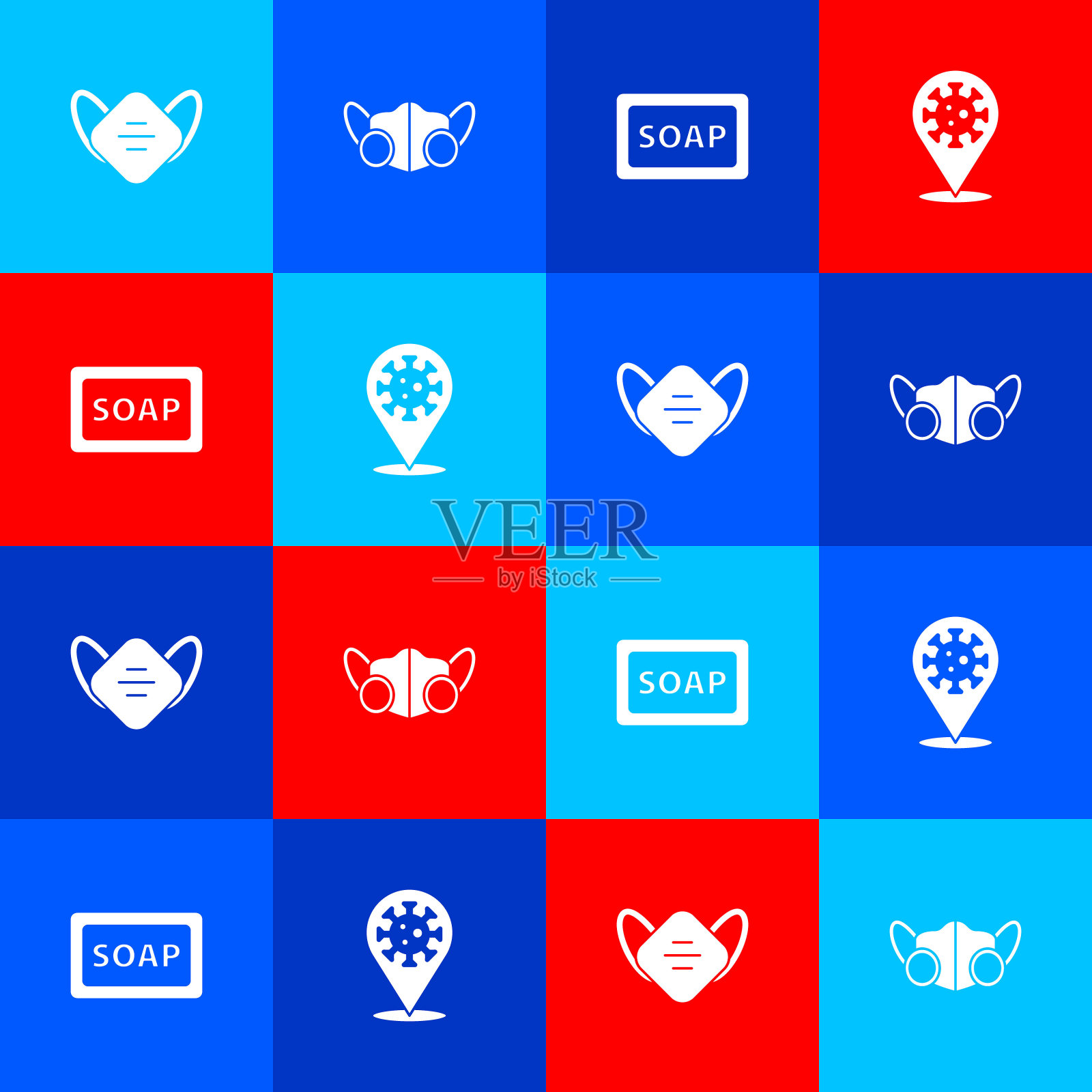 在位置图标上设置医用防护口罩、、肥皂条和冠状病毒2019-nCoV。向量图标素材