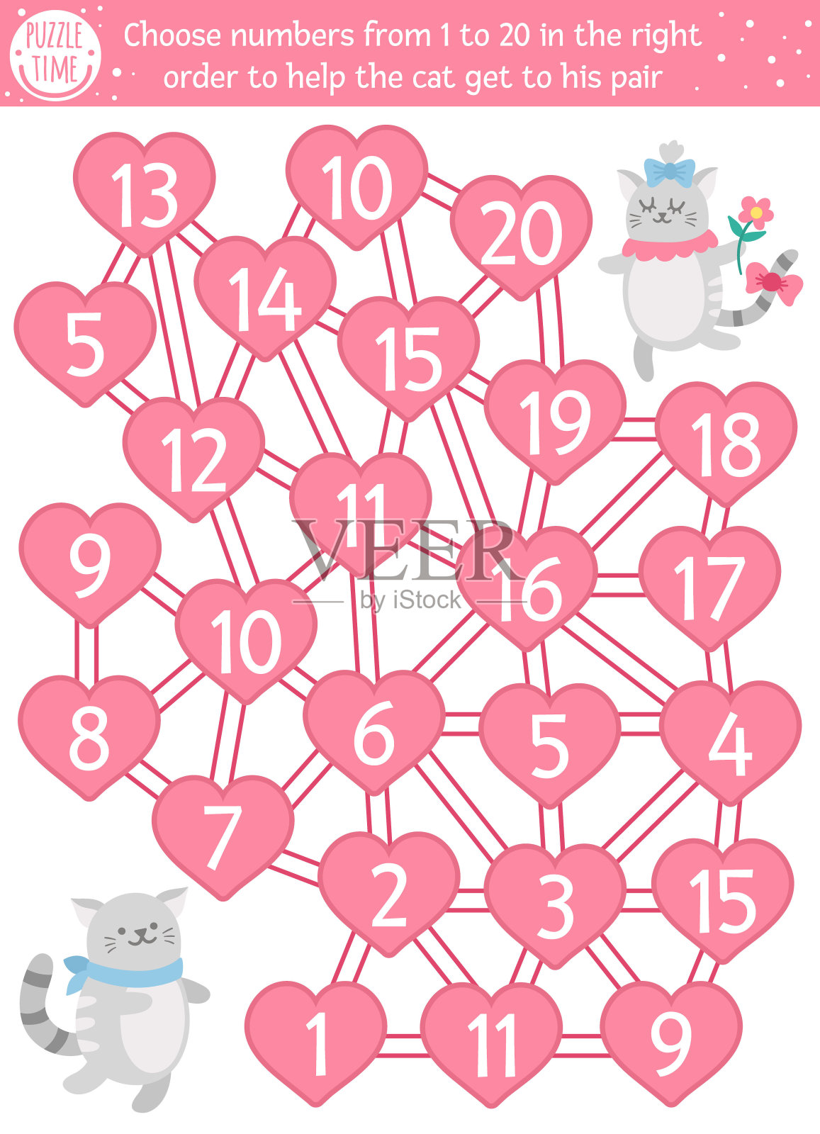 给孩子们的情人节数数迷宫。假日幼儿园印刷教育活动。有趣的数学游戏与可爱的猫夫妇和爱的主题。按照正确的顺序从1到20中选择数字插画图片素材