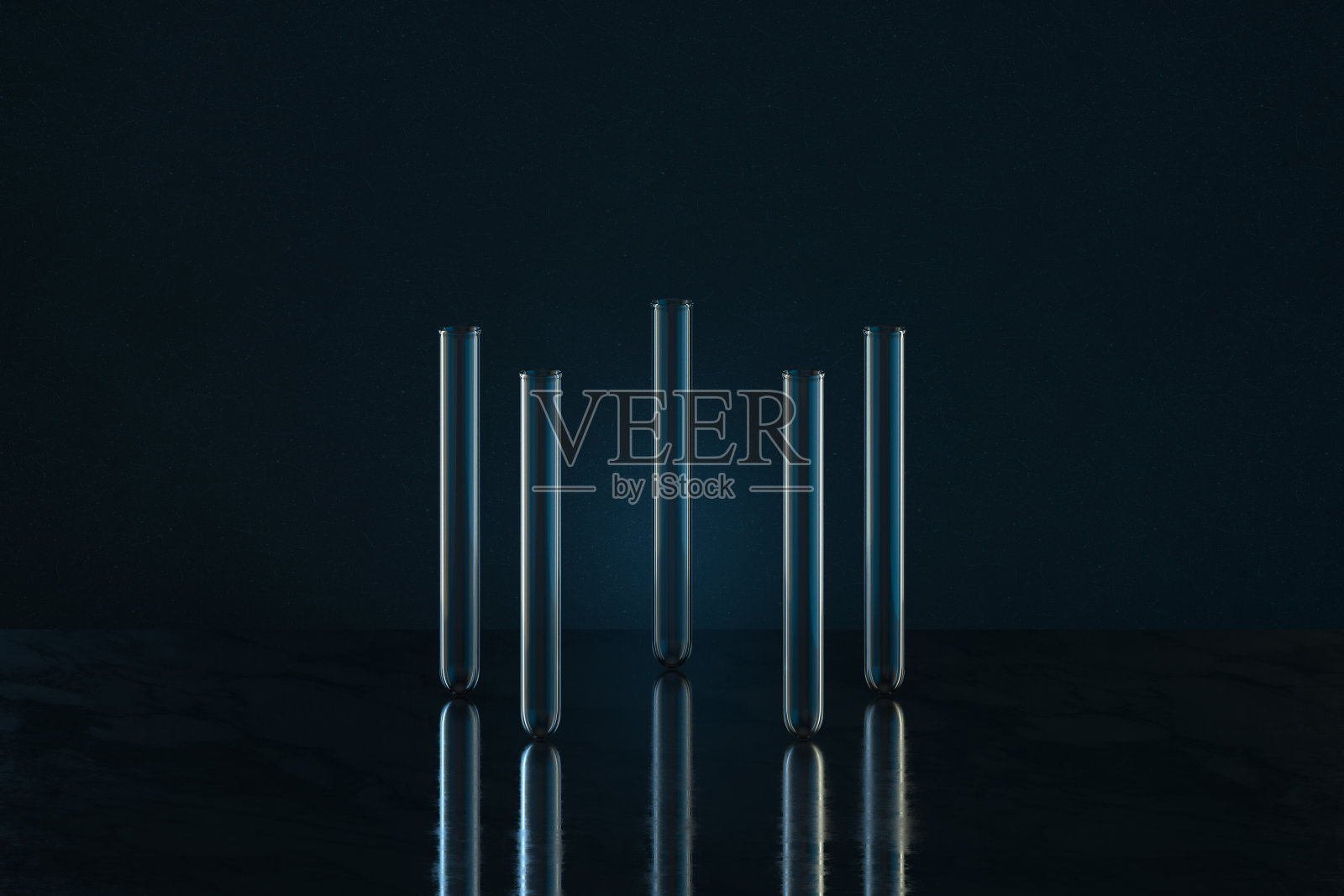 深色背景的化学玻璃器皿,3d渲染。照片摄影图片