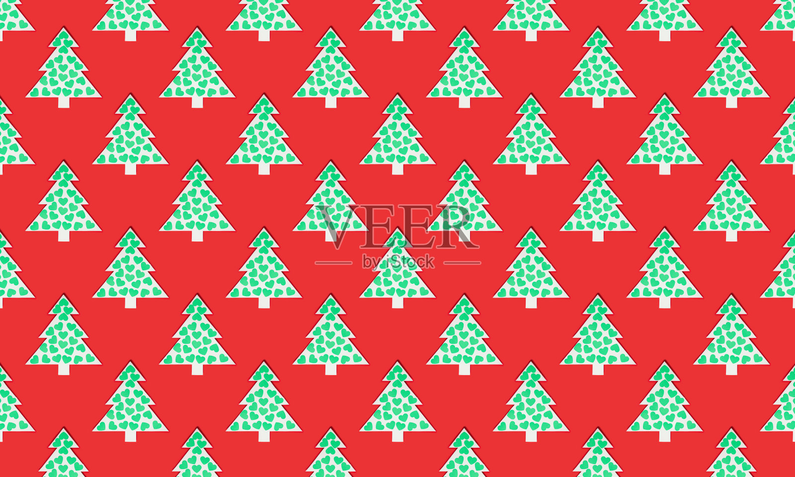 无缝模式与绿色的圣诞树在红色的背景。新年和圣诞节的概念。照片摄影图片