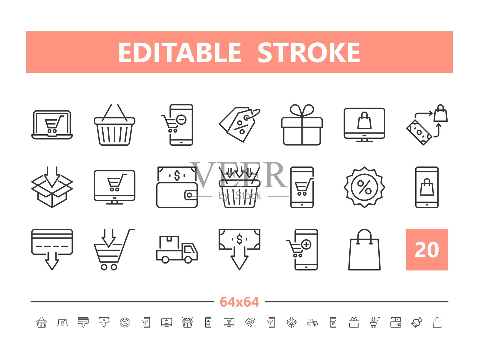 电子商务20行图标。直线风格的矢量插图。可编辑的描边,64x64, 256x256,完美像素。图标素材