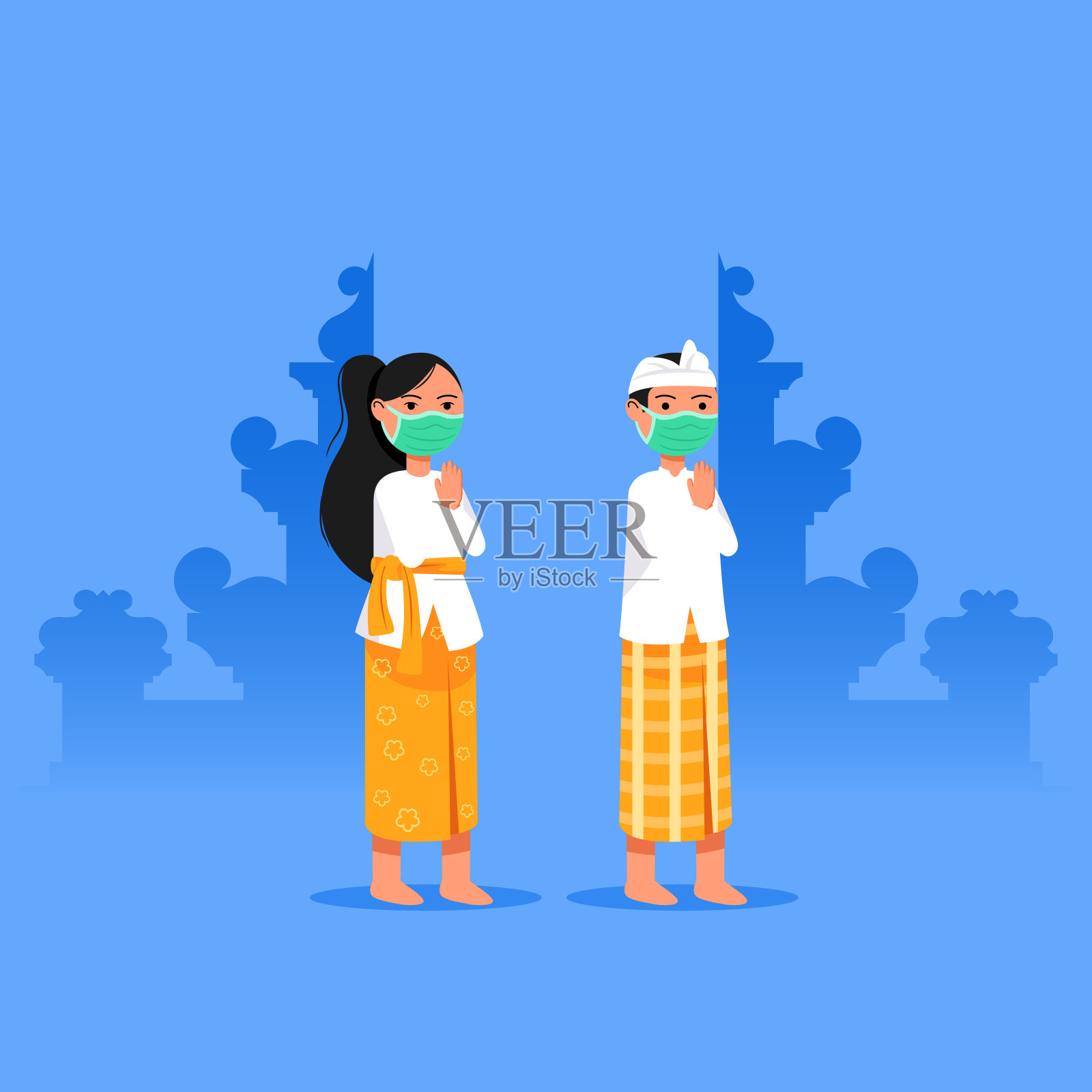 在大流行时期,巴厘岛男孩和女孩互相问候插画图片素材